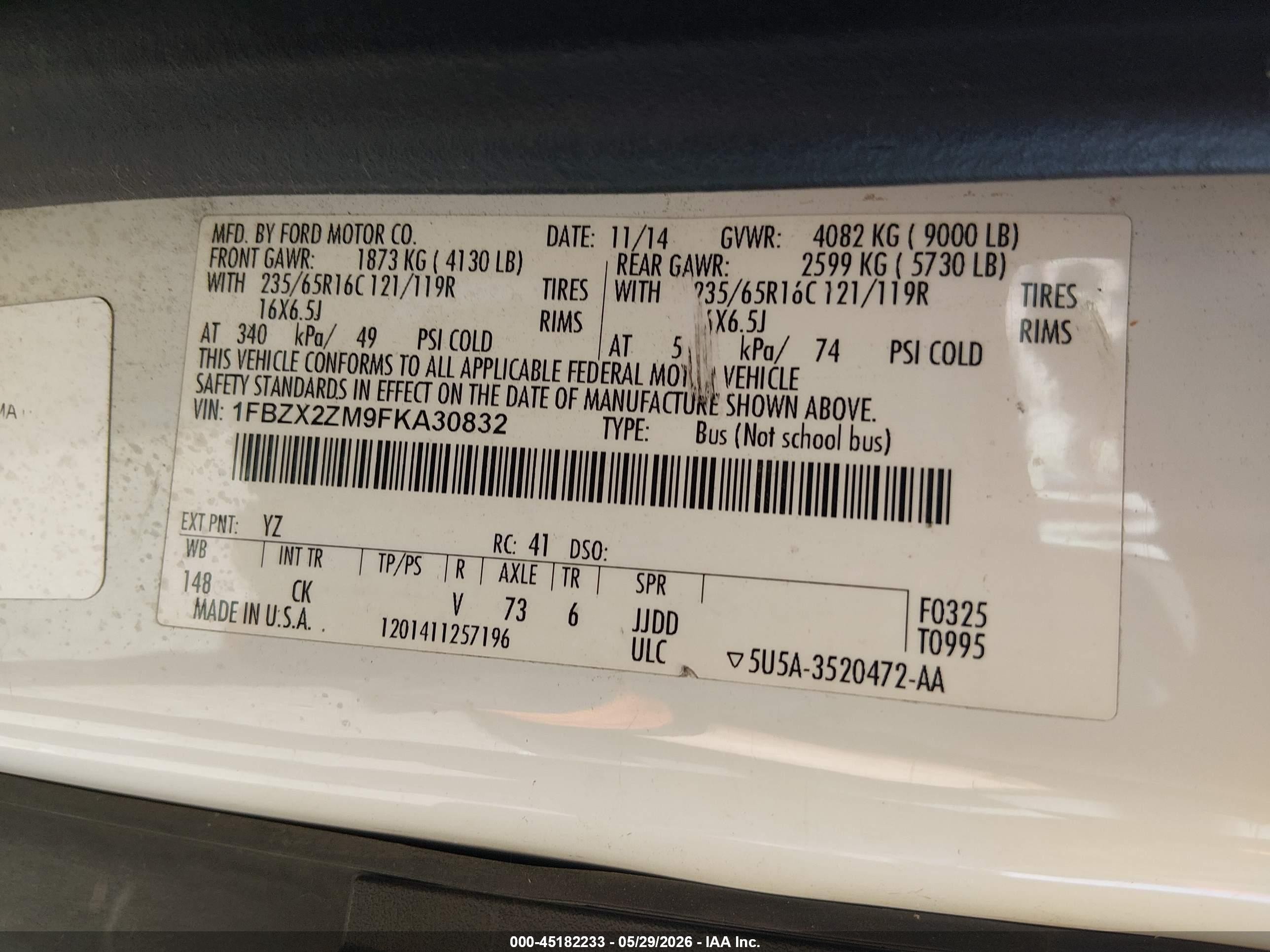 2015 Ford Transit-350 Xlt White vin: 1FBZX2ZM9FKA30832