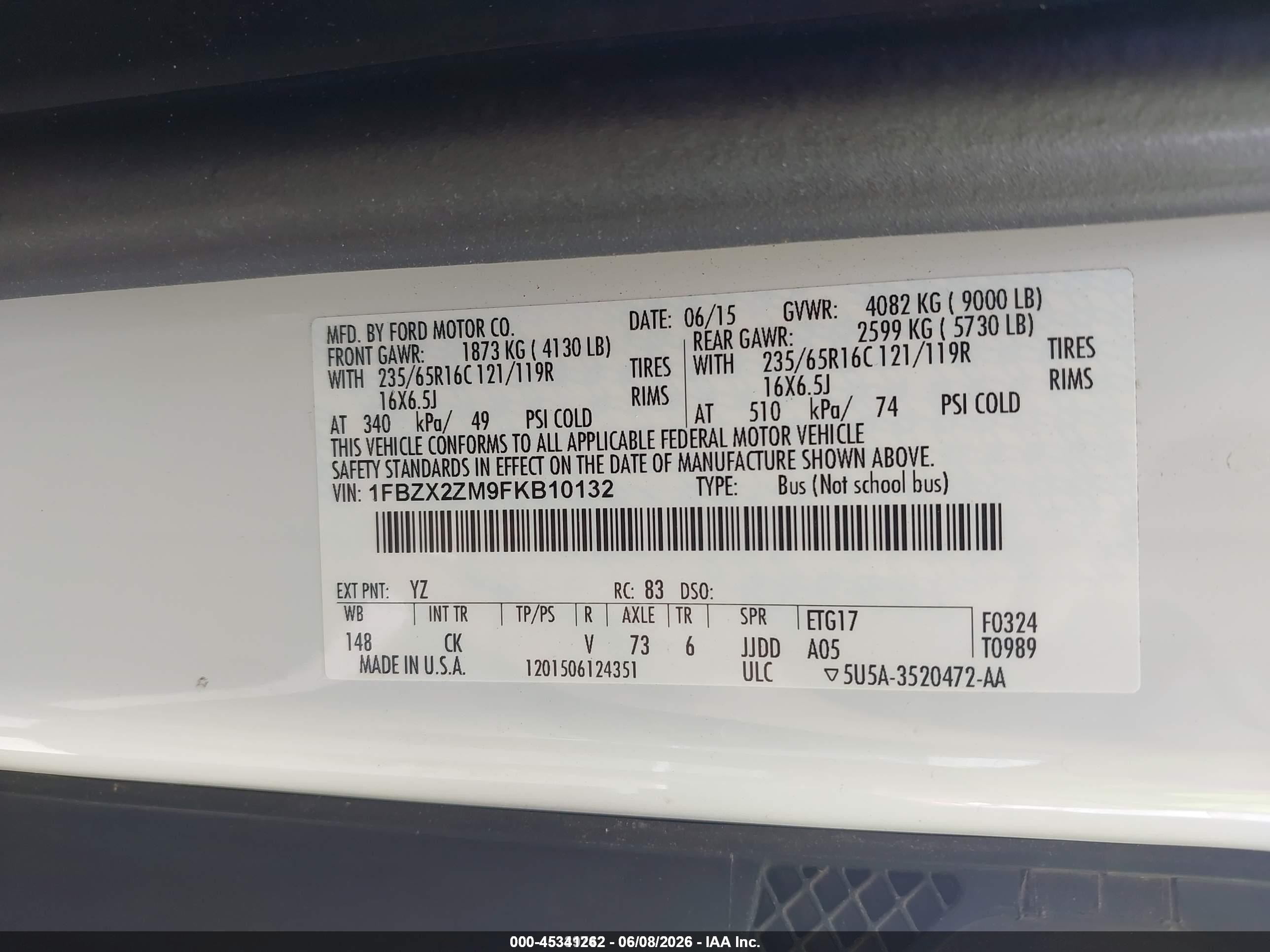 2015 Ford Transit-350 Xlt White vin: 1FBZX2ZM9FKB10132