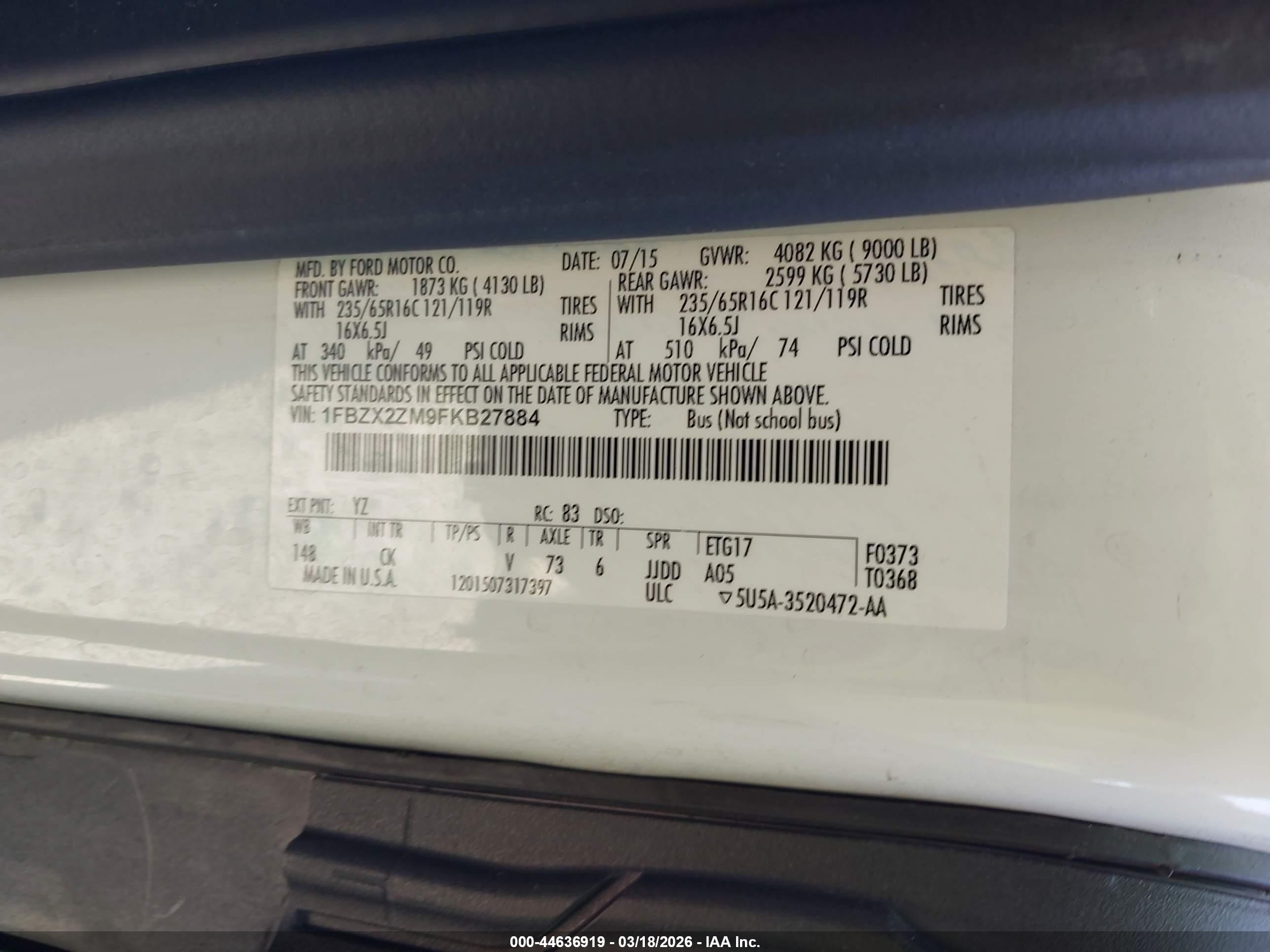 2015 Ford Transit-350 Xlt White vin: 1FBZX2ZM9FKB27884