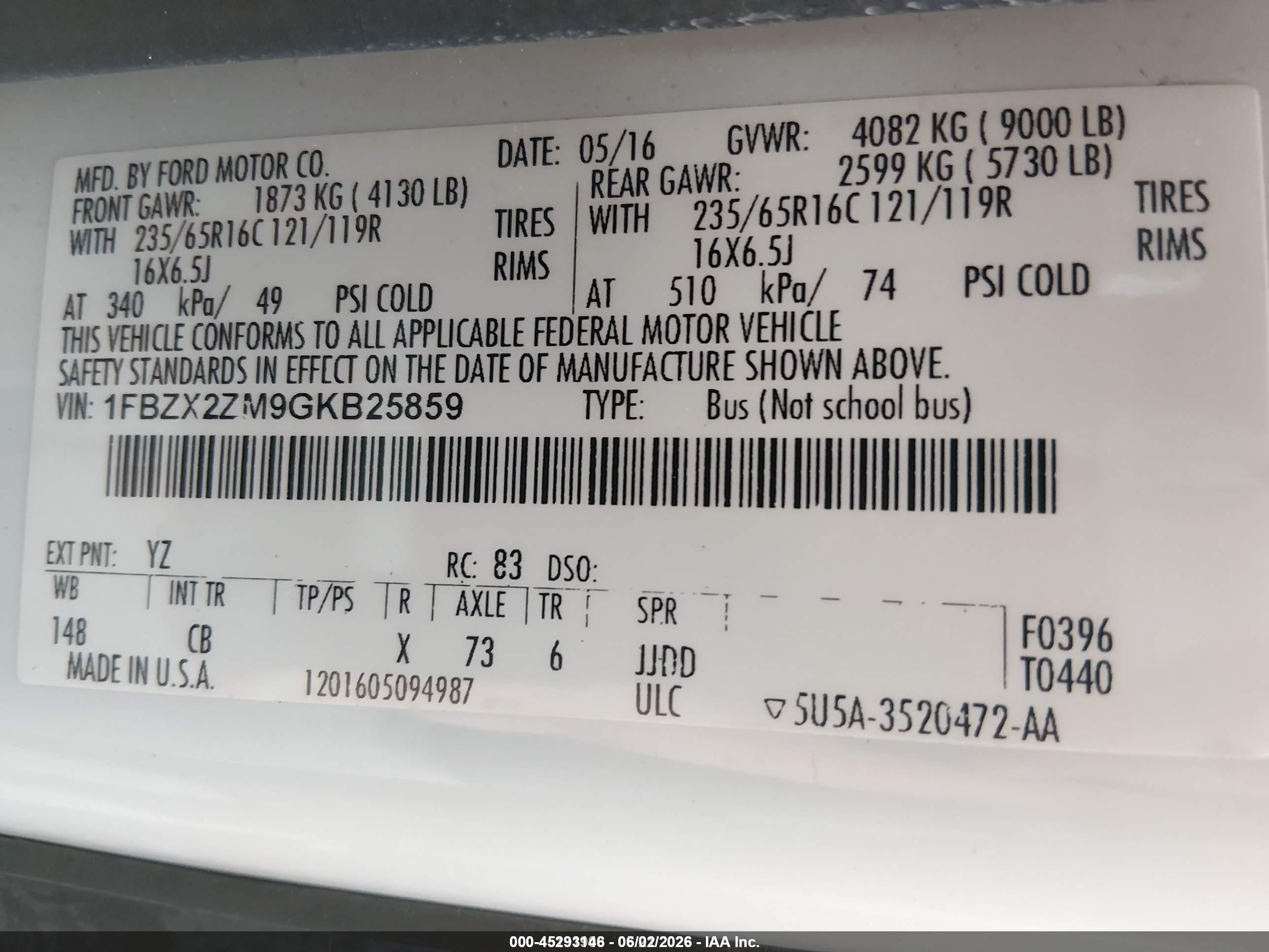 2016 Ford Transit-350 Xl Белый vin: 1FBZX2ZM9GKB25859