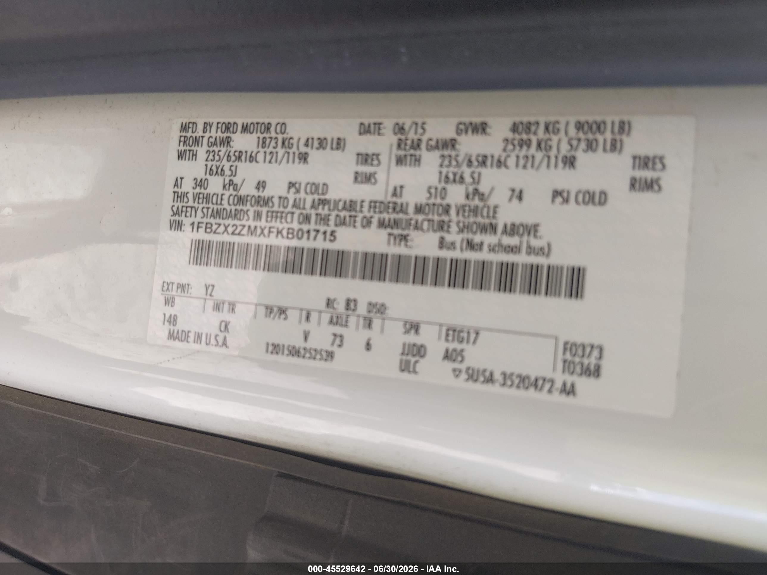 2015 Ford Transit-350 Xl/xlt White vin: 1FBZX2ZMXFKB01715