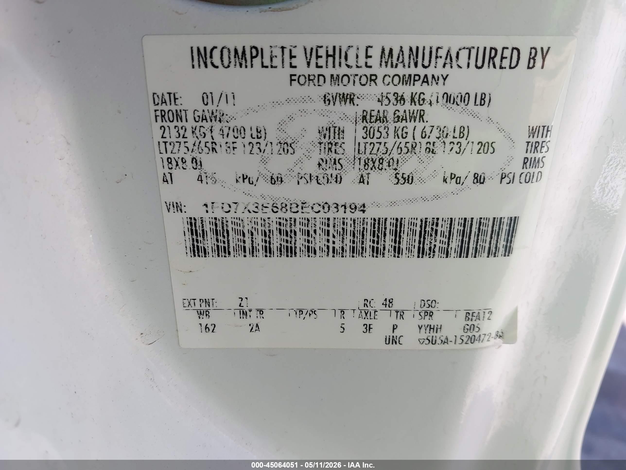 2011 Ford F-350 Chassis Xlt White vin: 1FD7X3E68BEC03194