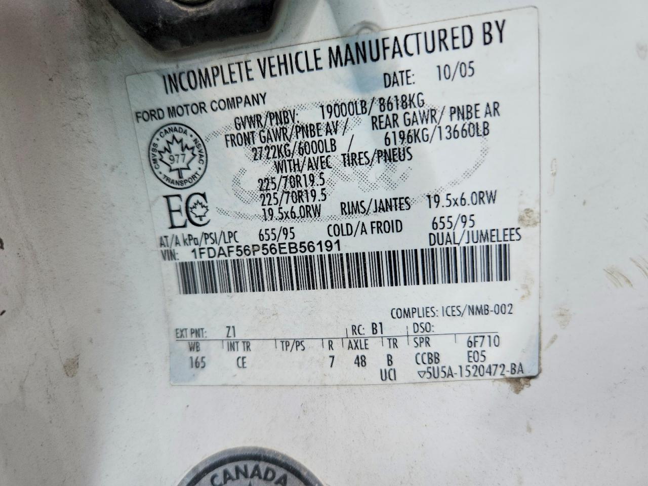 2006 Ford F550 Super Duty White vin: 1FDAF56P56EB56191