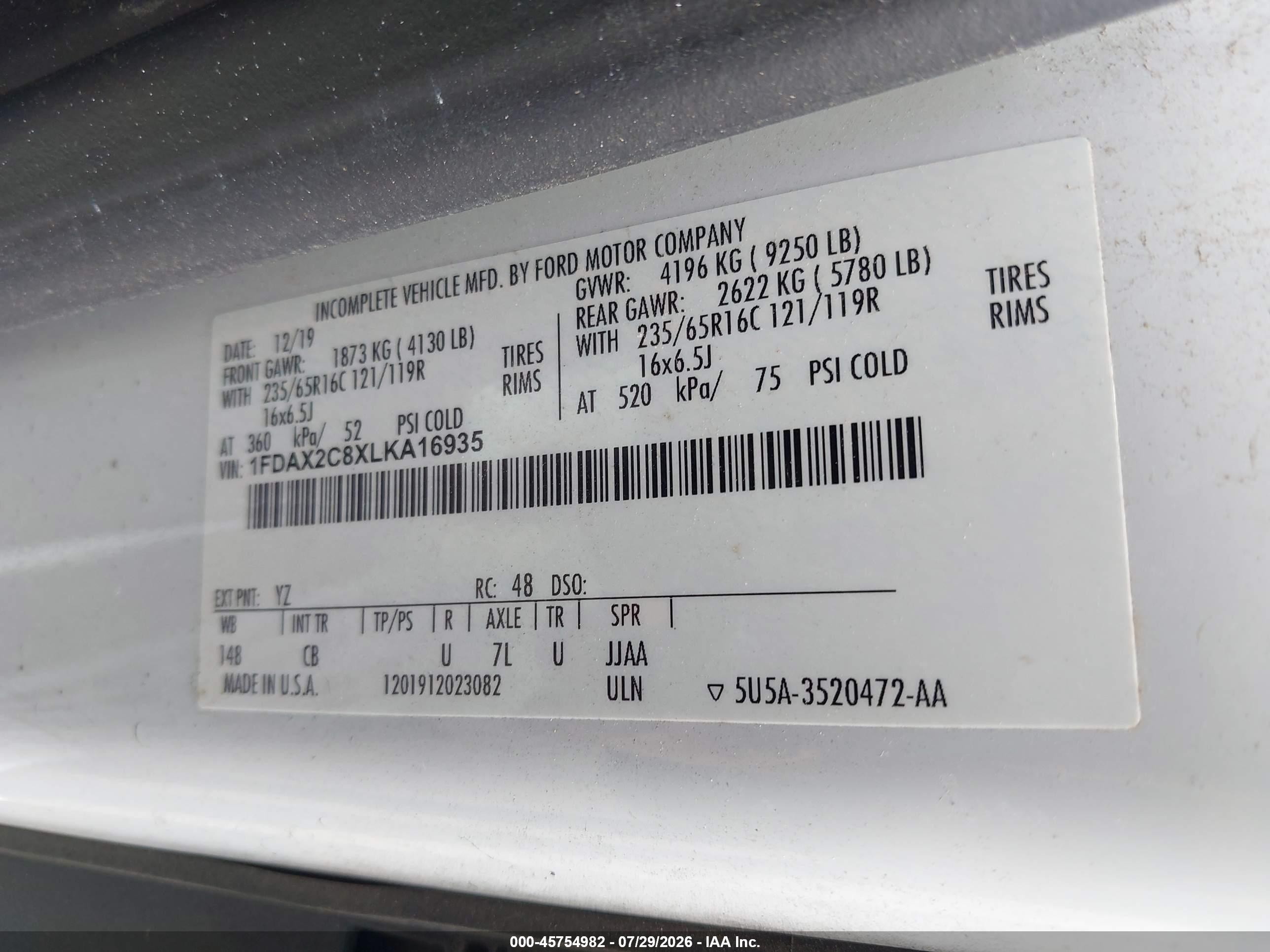2020 Ford Transit-350 Passenger Van Xl White vin: 1FDAX2C8XLKA16935