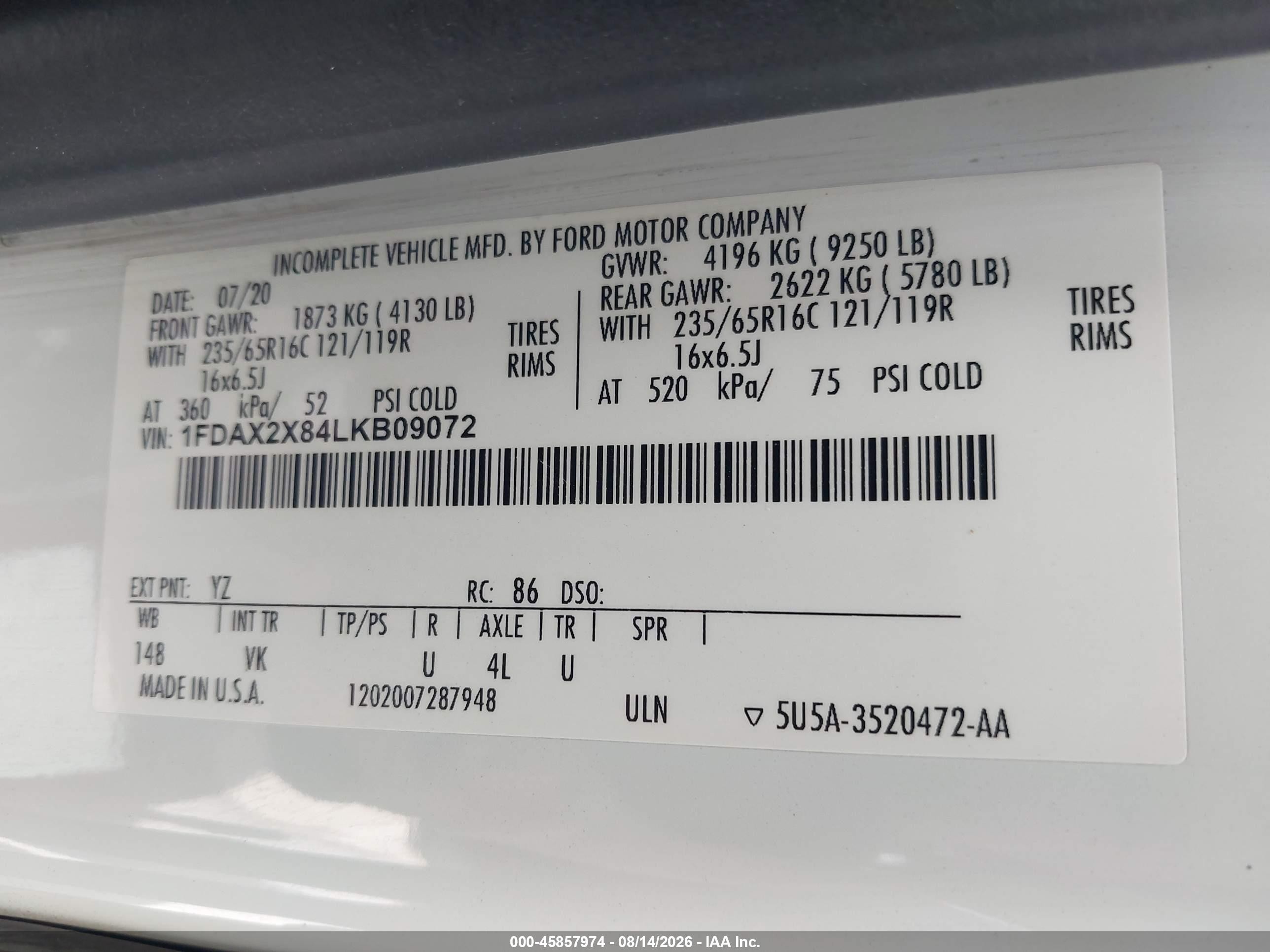 2020 Ford Transit-350 Passenger Van Xl White vin: 1FDAX2X84LKB09072