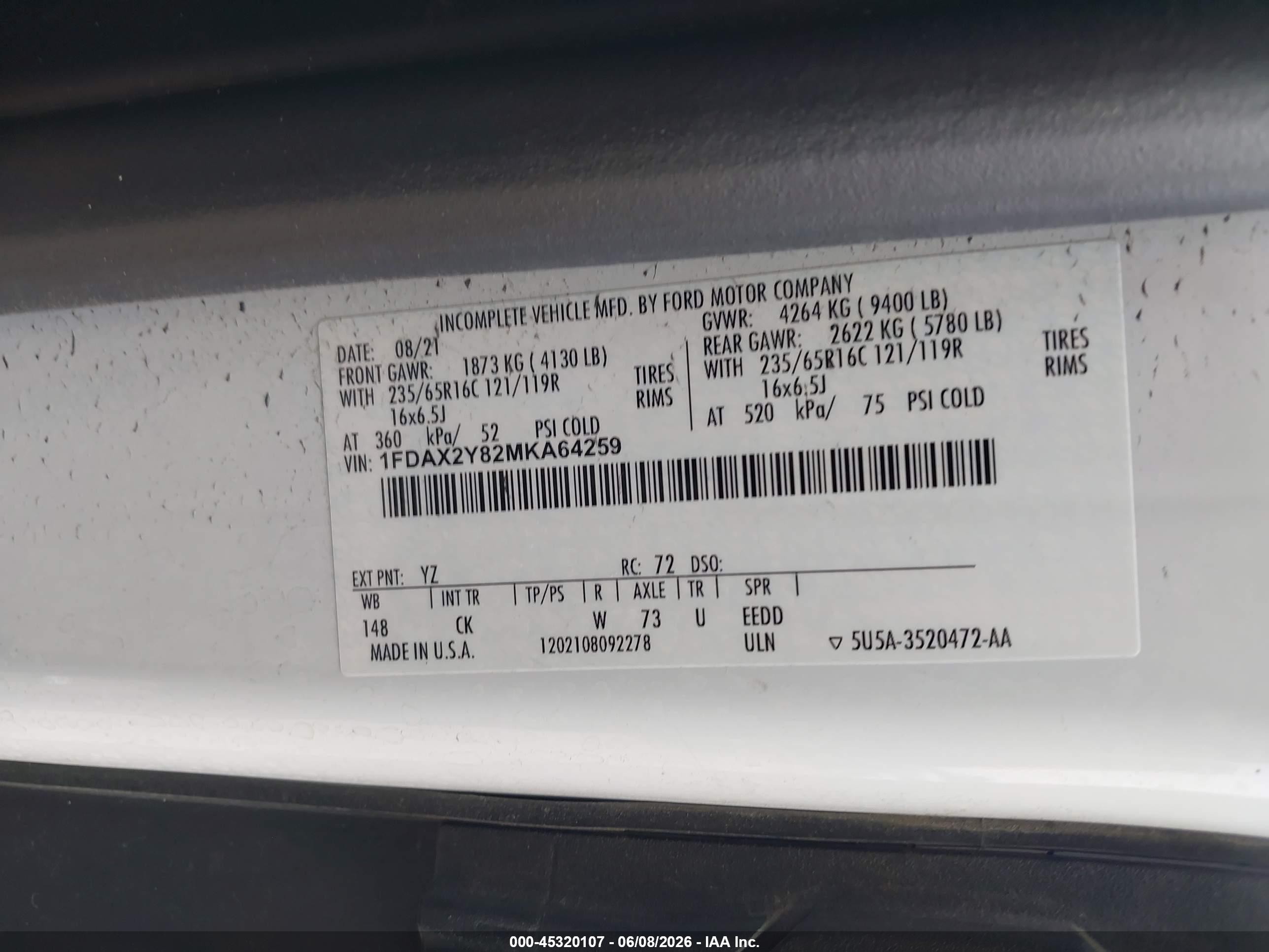 2021 Ford Transit-350 Passenger Van Xlt White vin: 1FDAX2Y82MKA64259