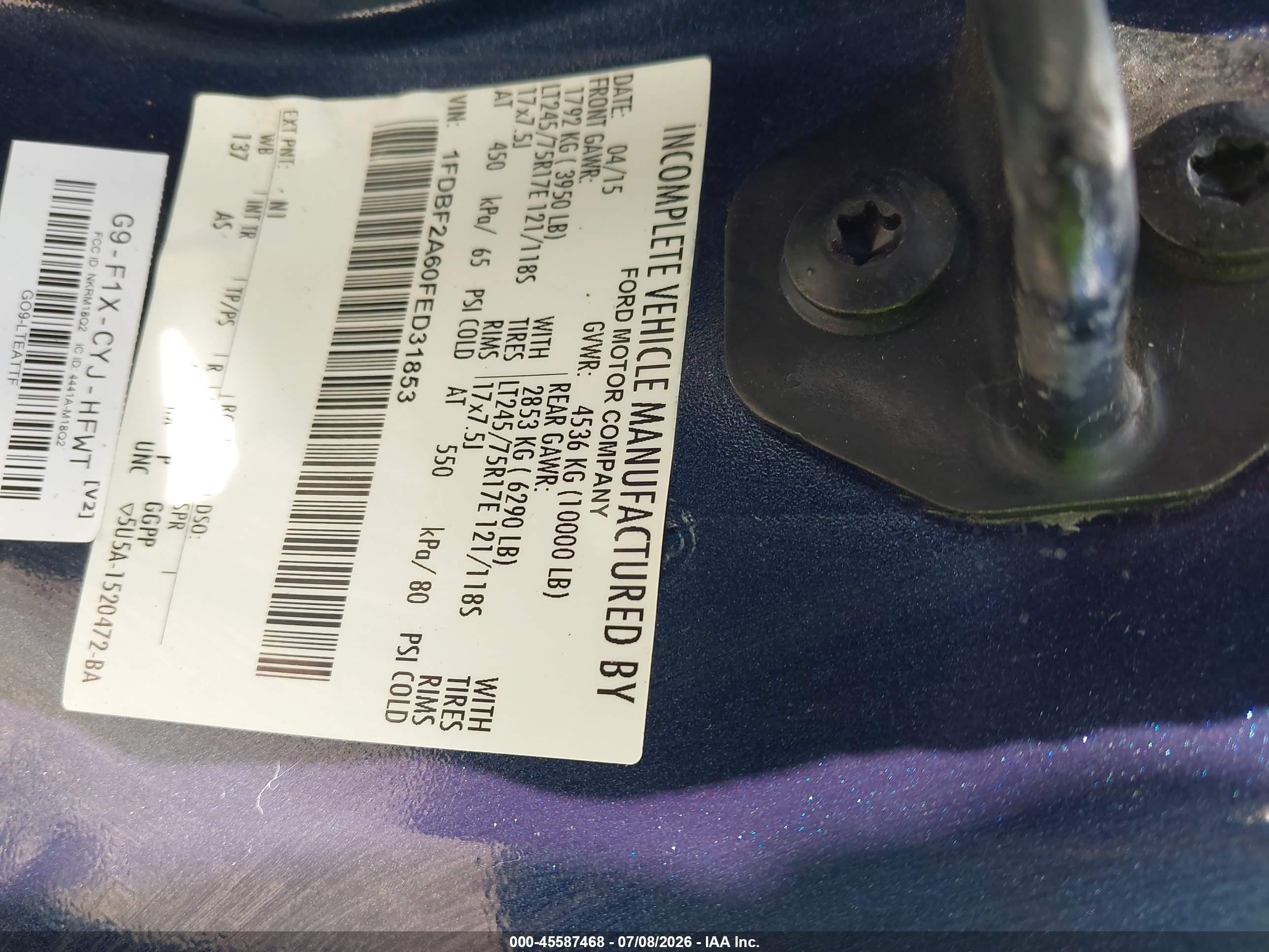 2015 Ford F-250 Xl Blue vin: 1FDBF2A60FED31853