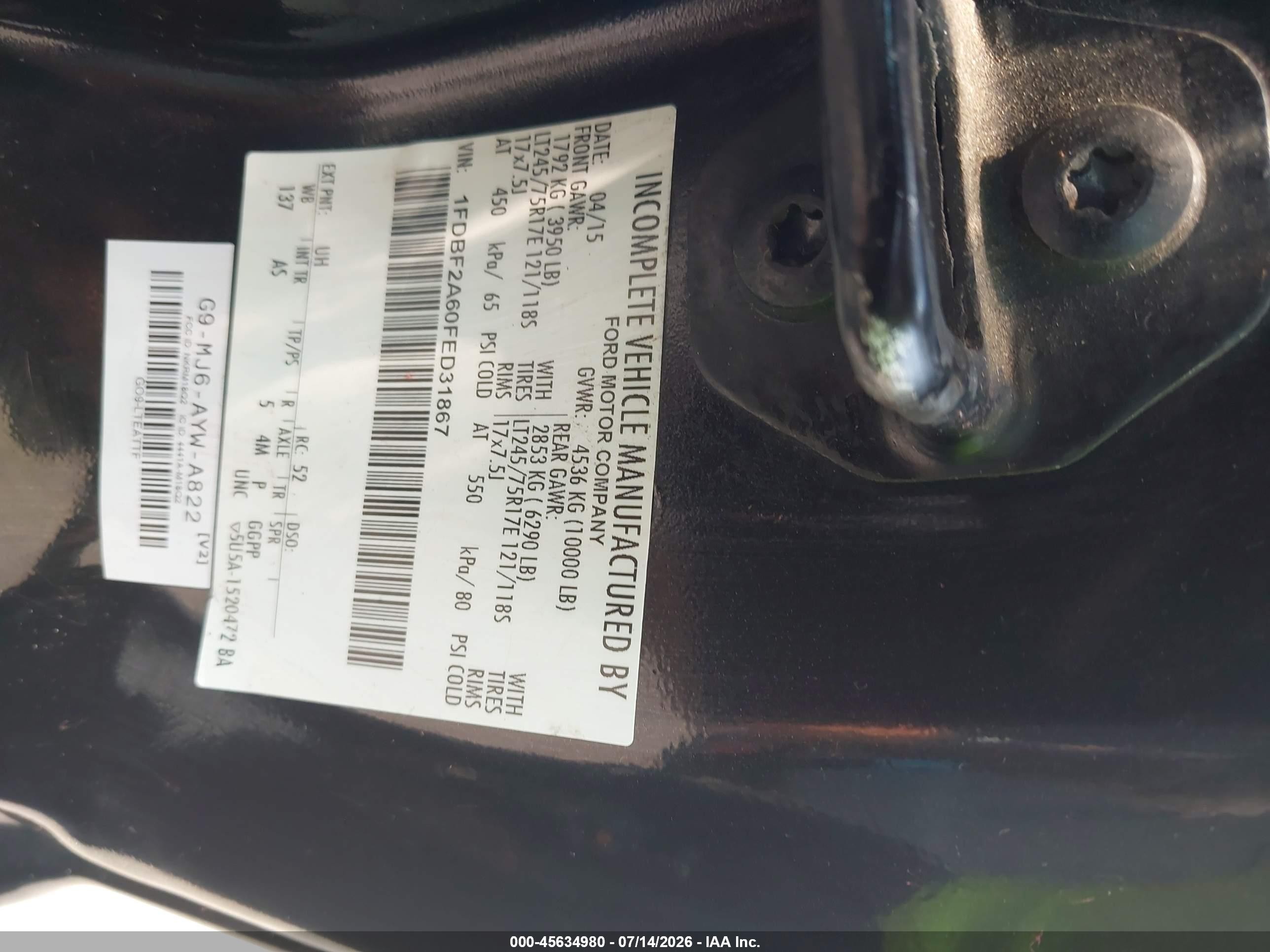 2015 Ford F-250 Xl Black vin: 1FDBF2A60FED31867