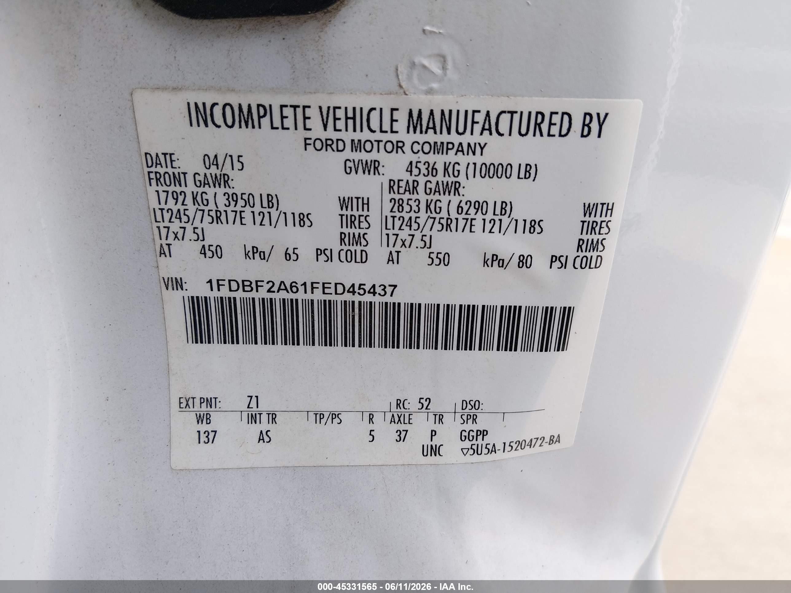 2015 Ford F-250 Xl White vin: 1FDBF2A61FED45437