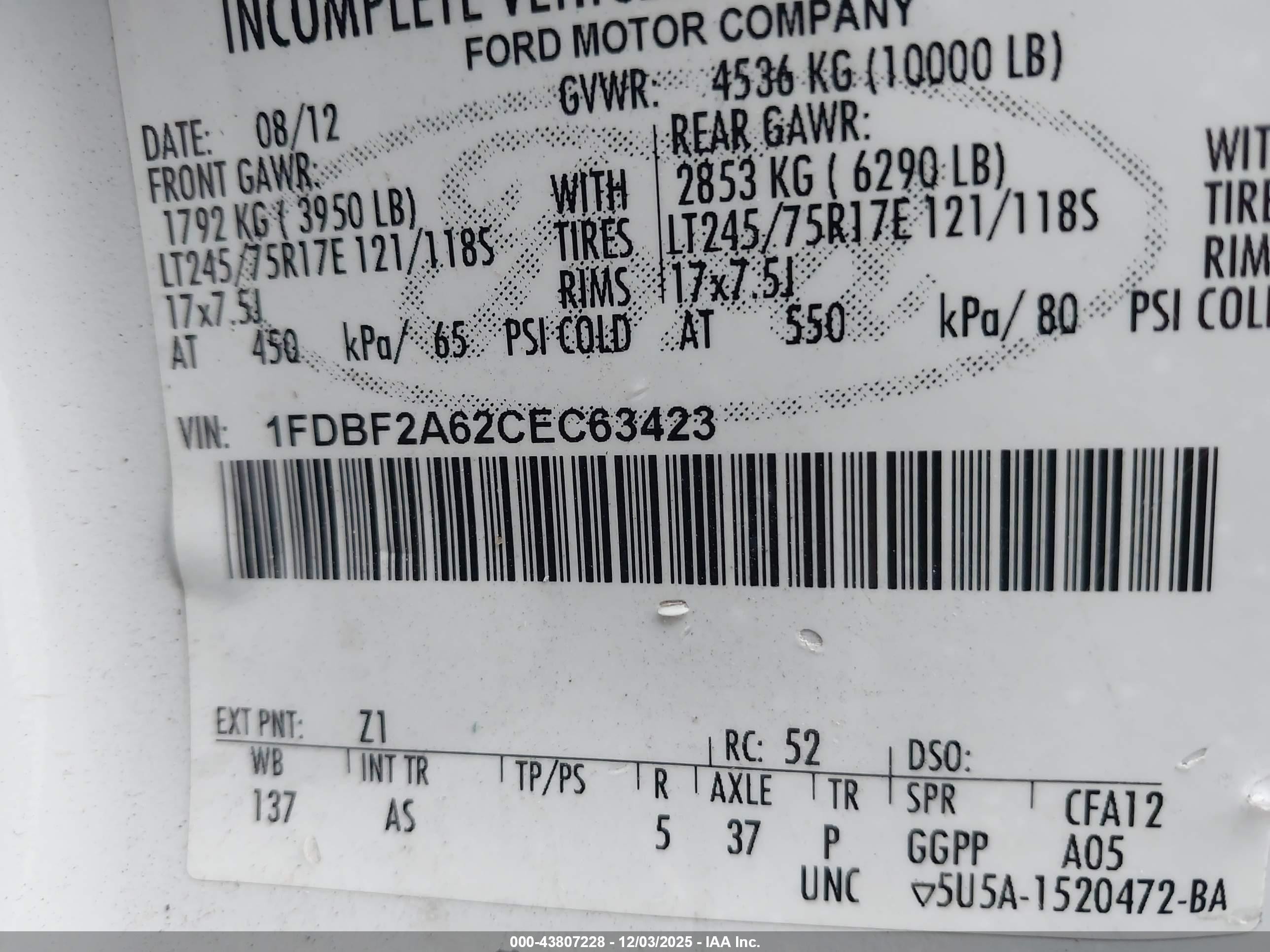 2012 Ford F-250 Xl White vin: 1FDBF2A62CEC63423