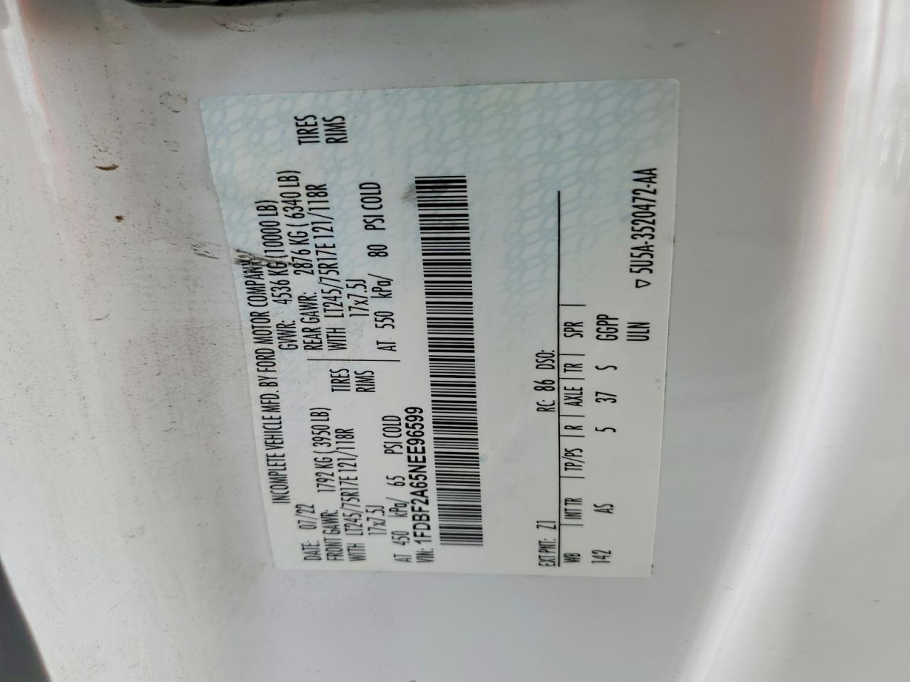 2022 Ford F250 Super Duty White vin: 1FDBF2A65NEE96599