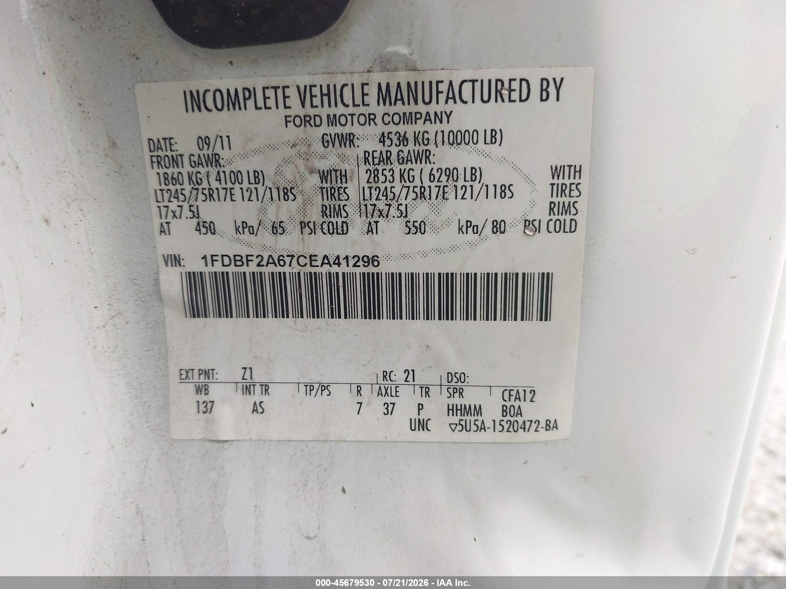2012 Ford Super Duty F-250 Srw Xl White vin: 1FDBF2A67CEA41296