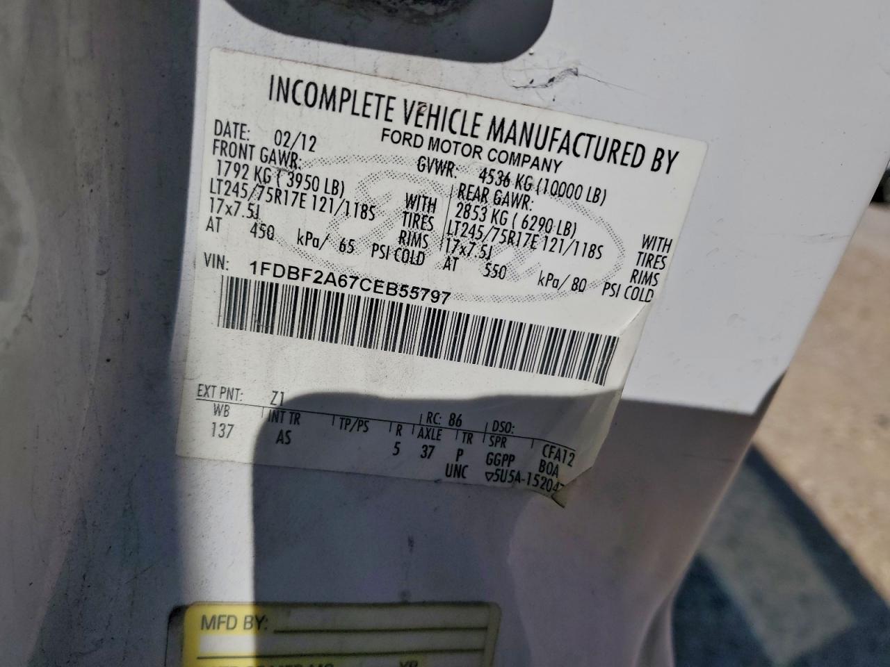 2012 Ford F250 Super Duty White vin: 1FDBF2A67CEB55797