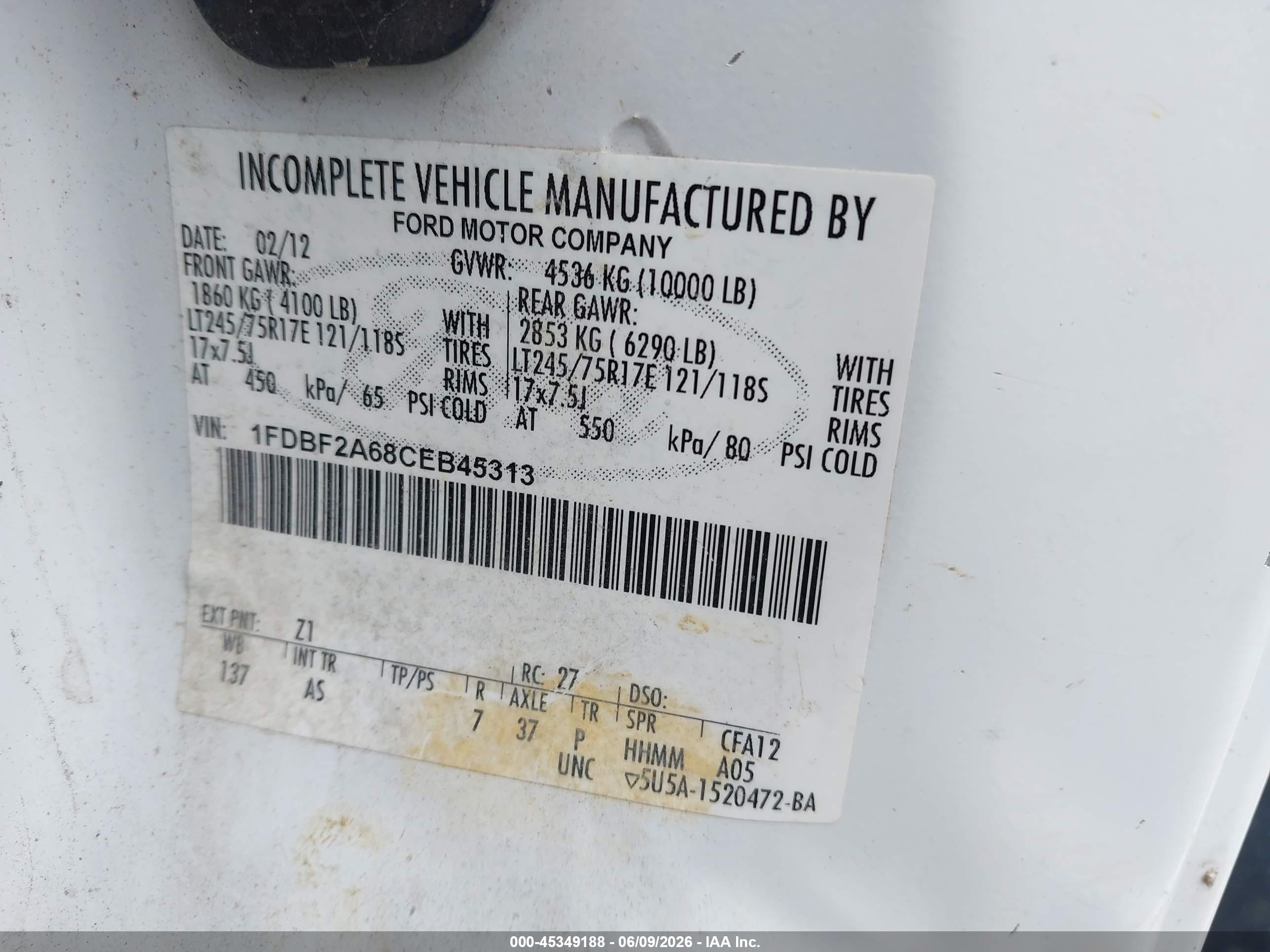2012 Ford F-250 Xl White vin: 1FDBF2A68CEB45313
