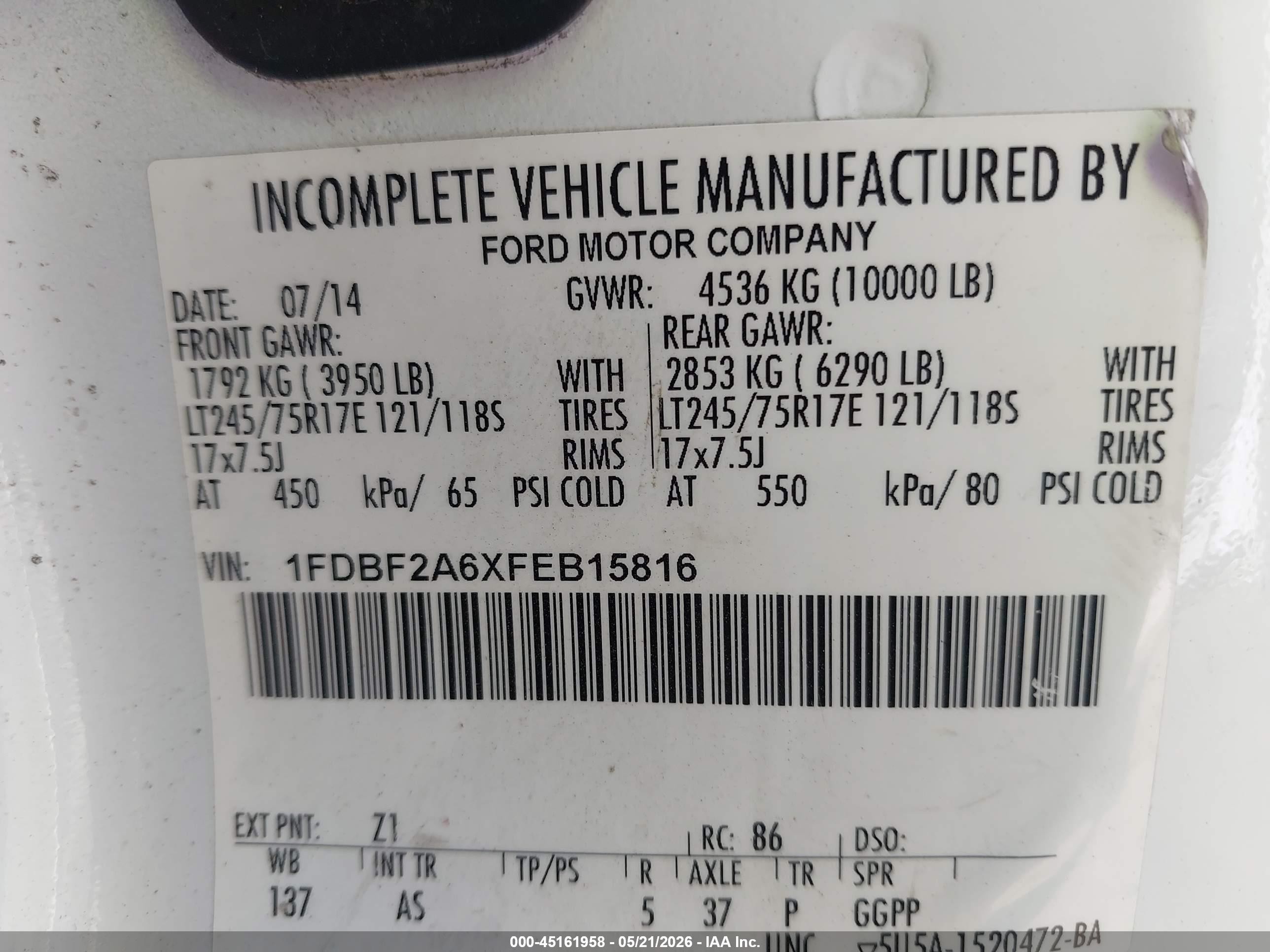 2015 Ford F-250 Xl White vin: 1FDBF2A6XFEB15816