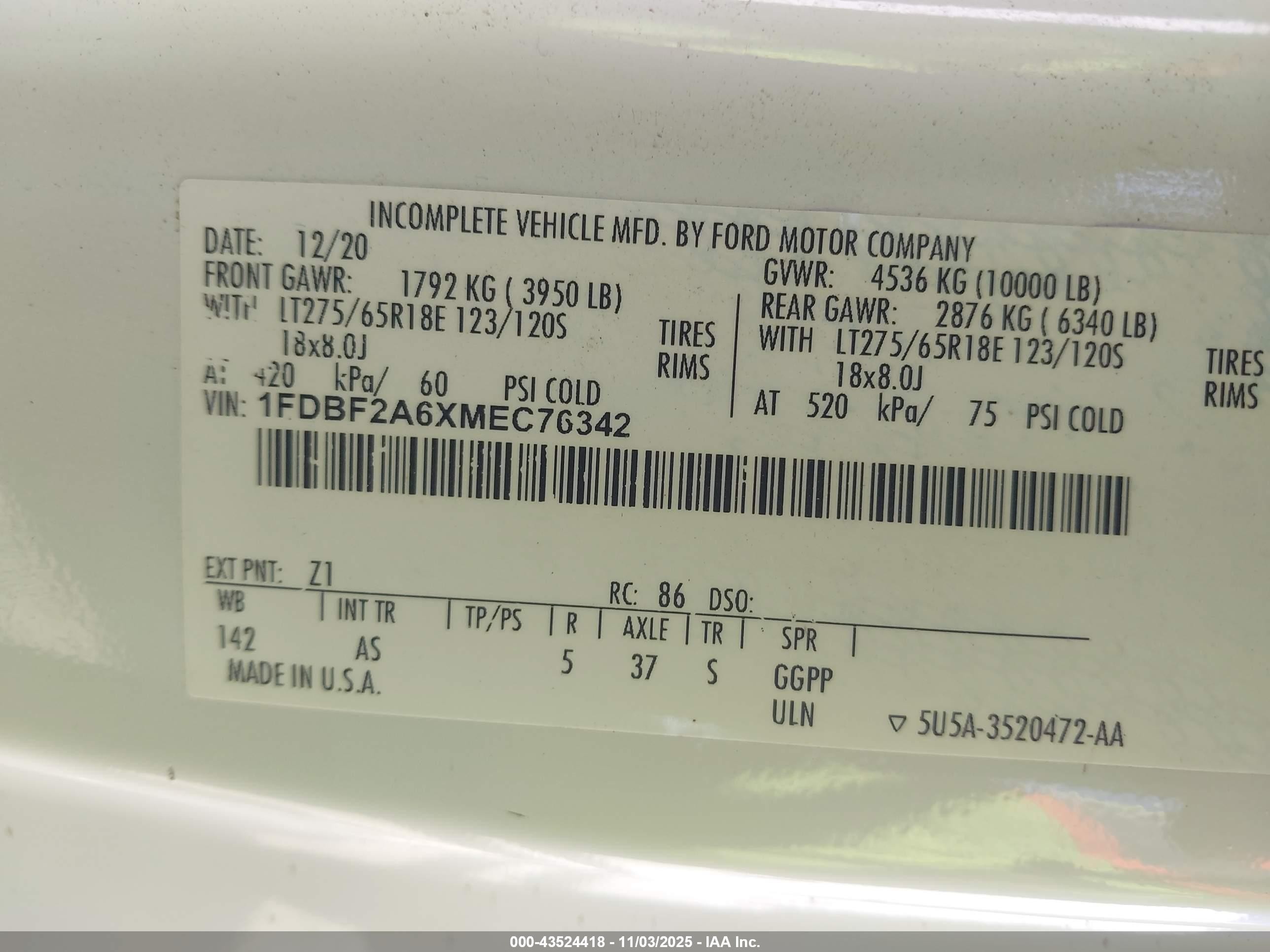 2021 Ford F-250 Xl White vin: 1FDBF2A6XMEC76342