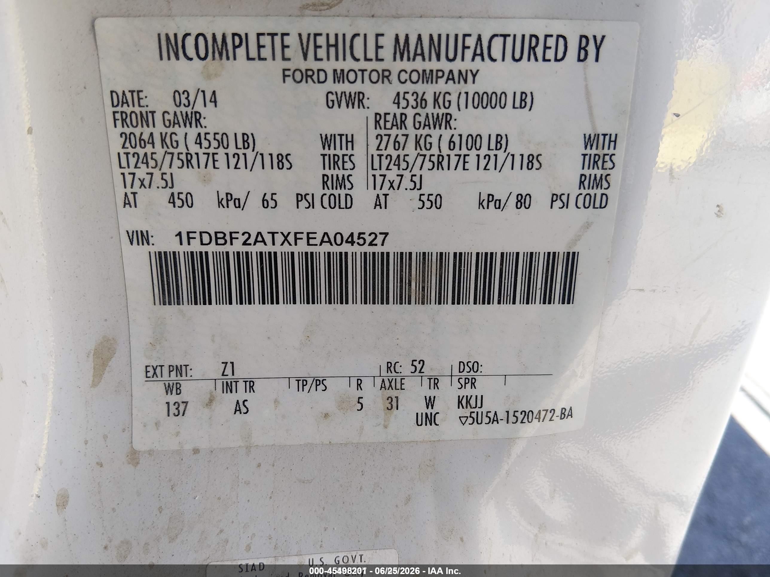 2015 Ford F-250 Xl White vin: 1FDBF2ATXFEA04527