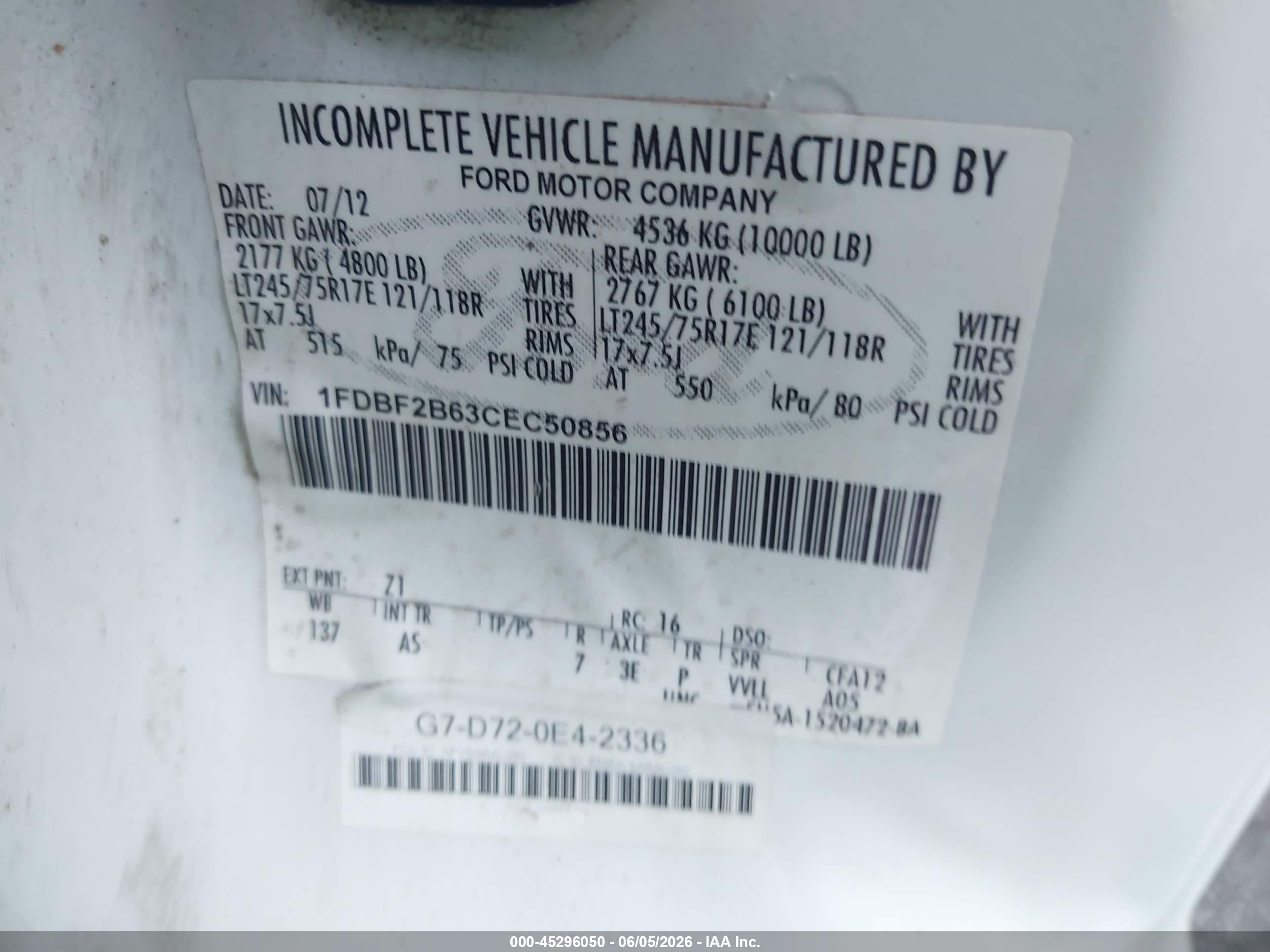 2012 Ford F-250 Xl White vin: 1FDBF2B63CEC50856