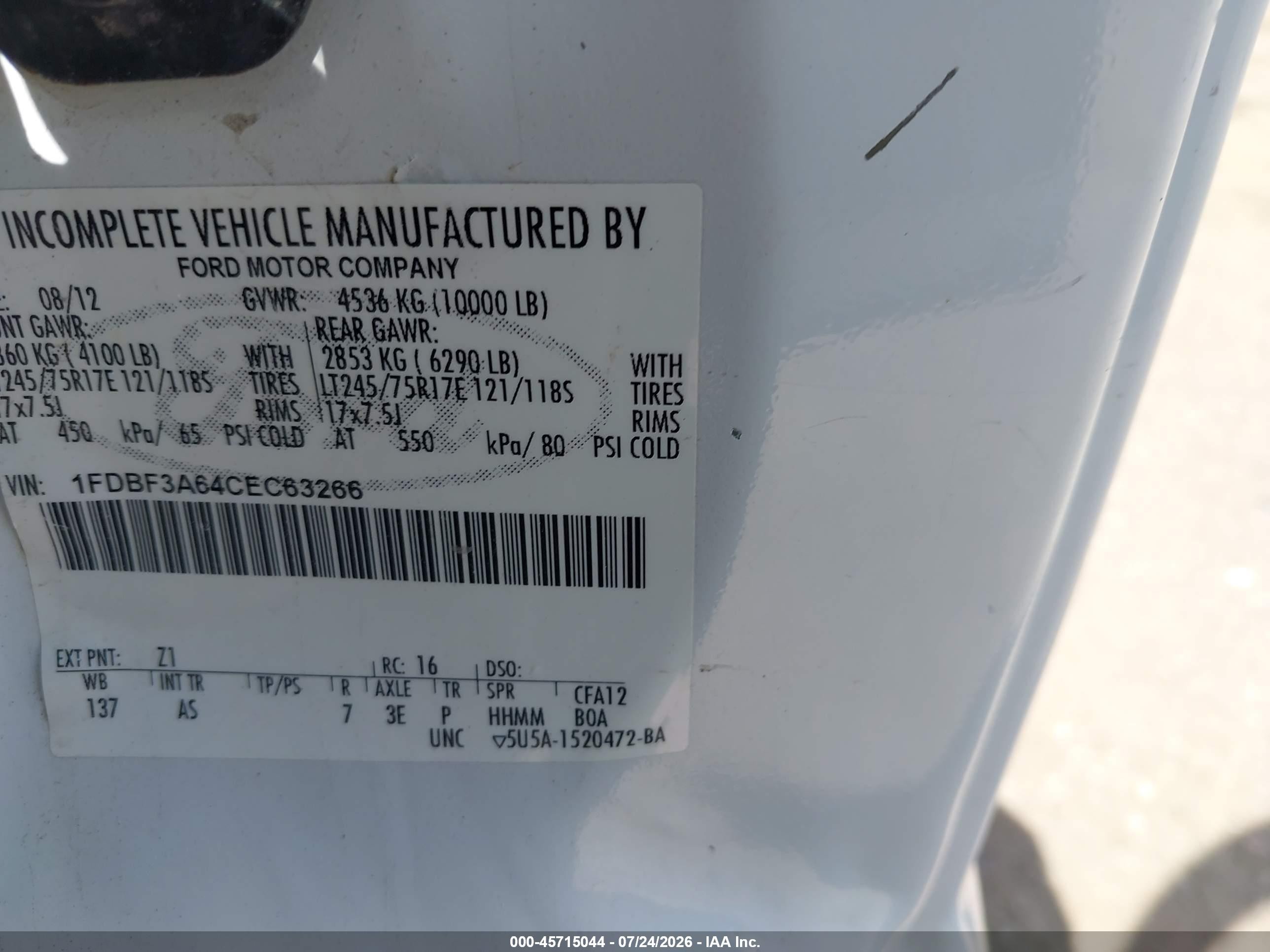 2012 Ford F-350 Xl White vin: 1FDBF3A64CEC63266