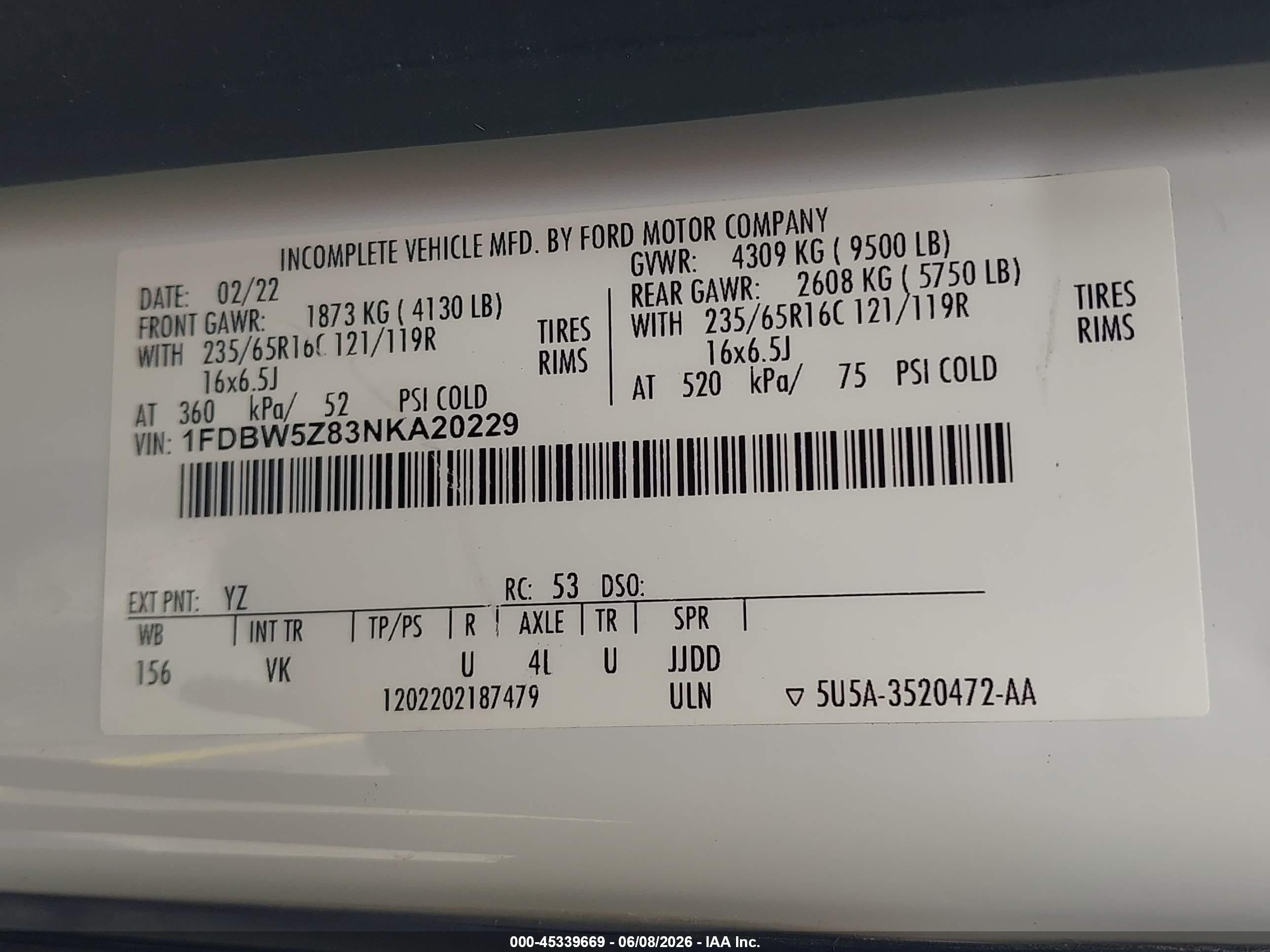 2022 Ford Transit-350 Cab   White vin: 1FDBW5Z83NKA20229