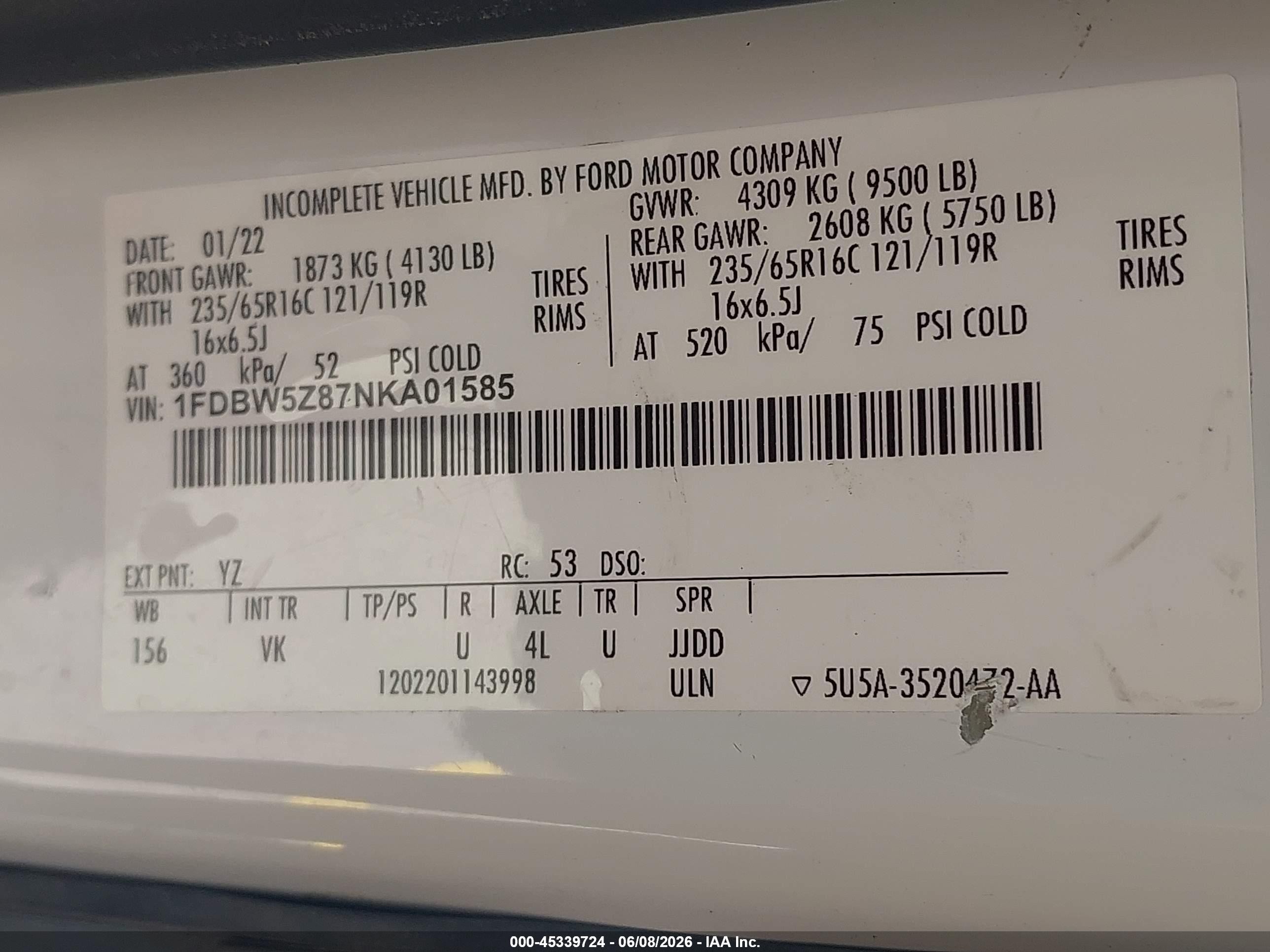 2022 Ford Transit-350 Cab   White vin: 1FDBW5Z87NKA01585