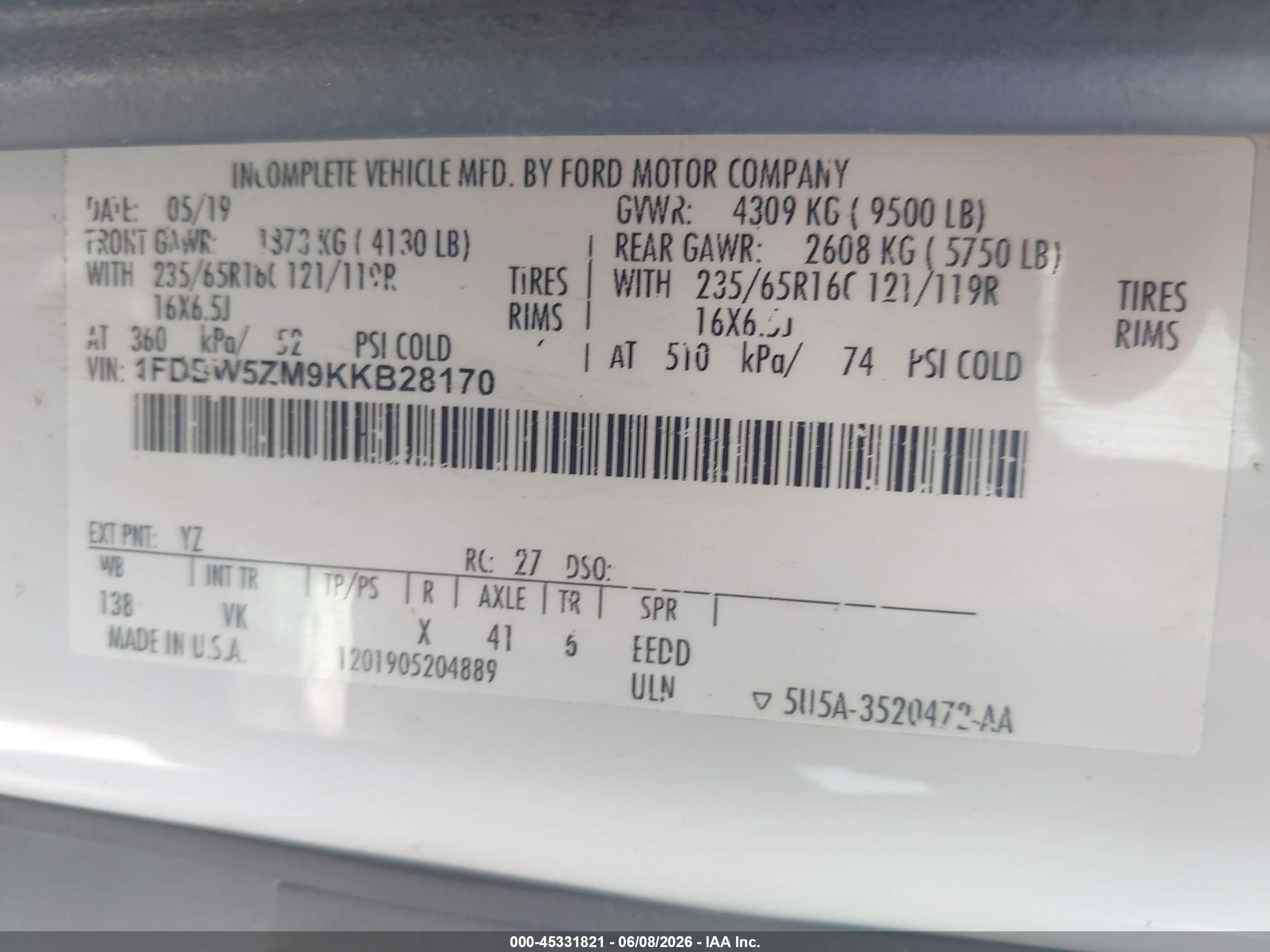 2019 Ford Transit-350 Cab   White vin: 1FDBW5ZM9KKB28170