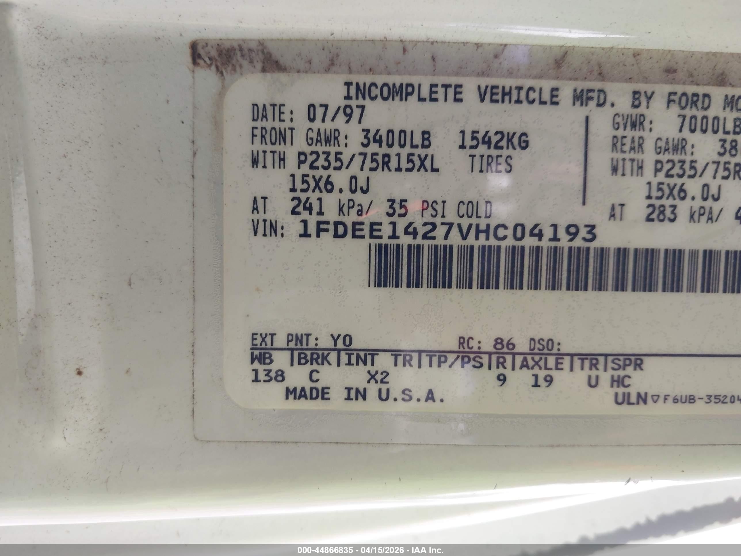 1997 Ford E-150 Standard White vin: 1FDEE1427VHC04193