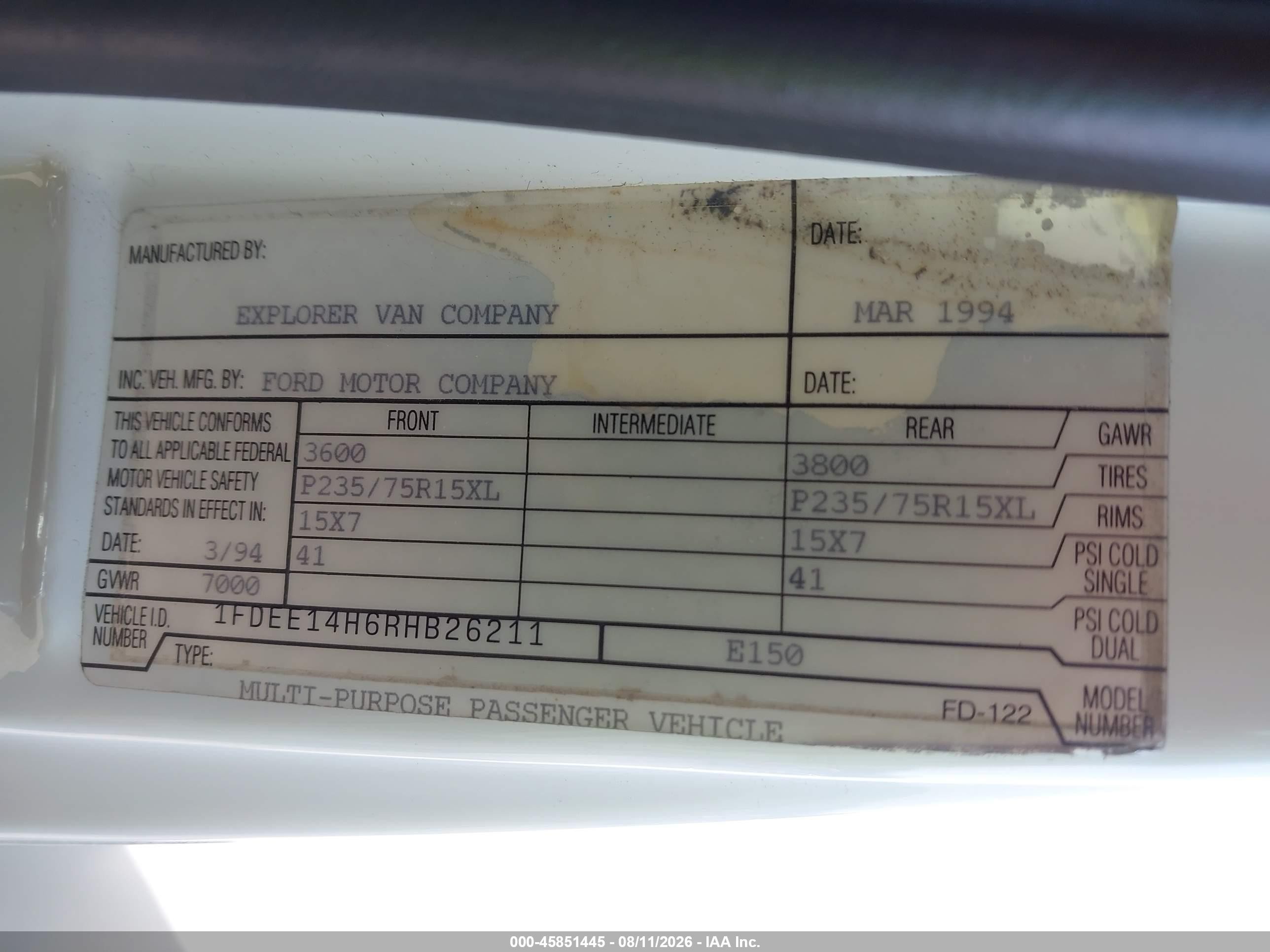 1994 Ford Econoline E150 Van White vin: 1FDEE14H6RHB26211