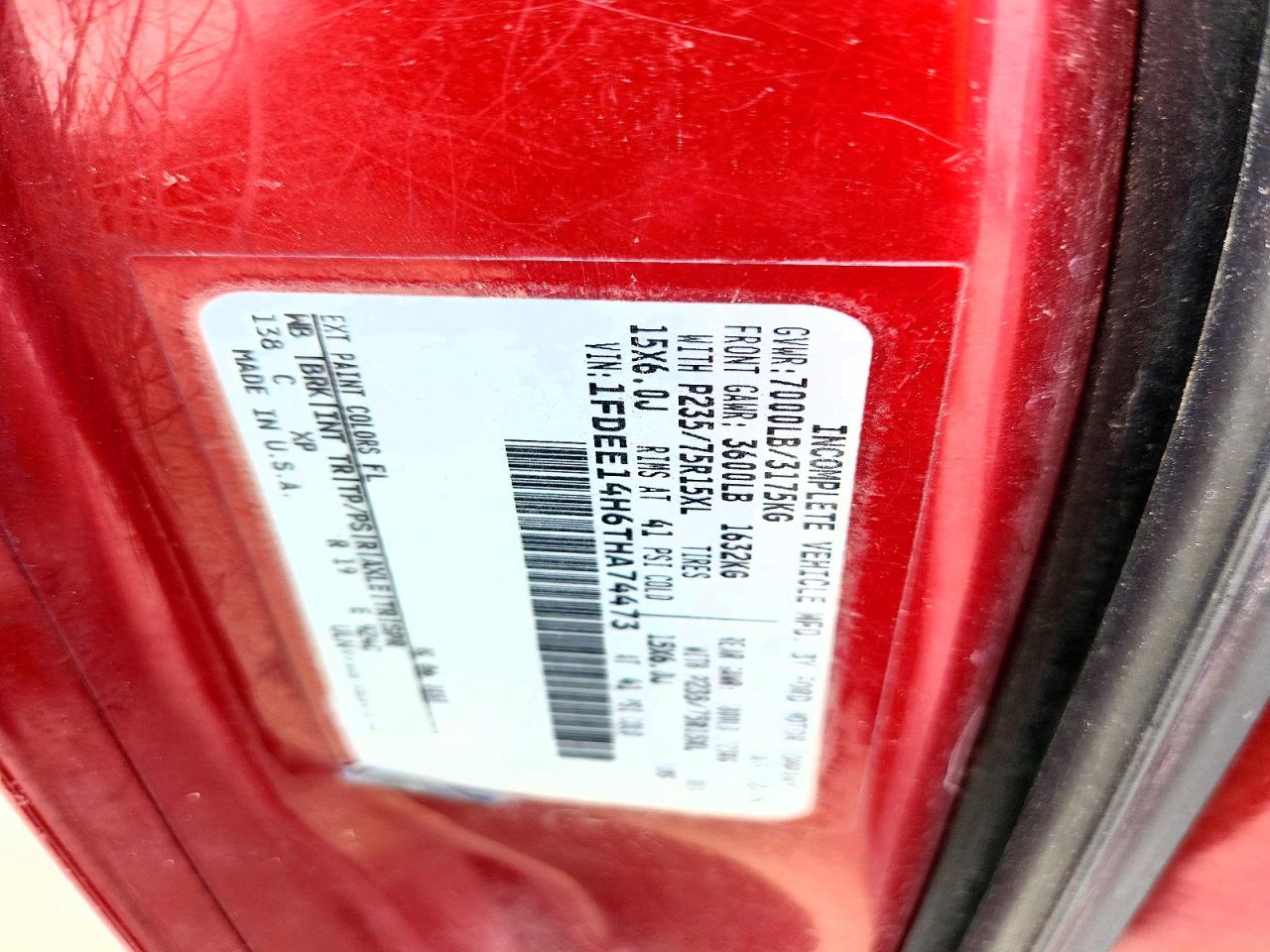 1996 Ford Econoline E150 Van Red vin: 1FDEE14H6THA74473