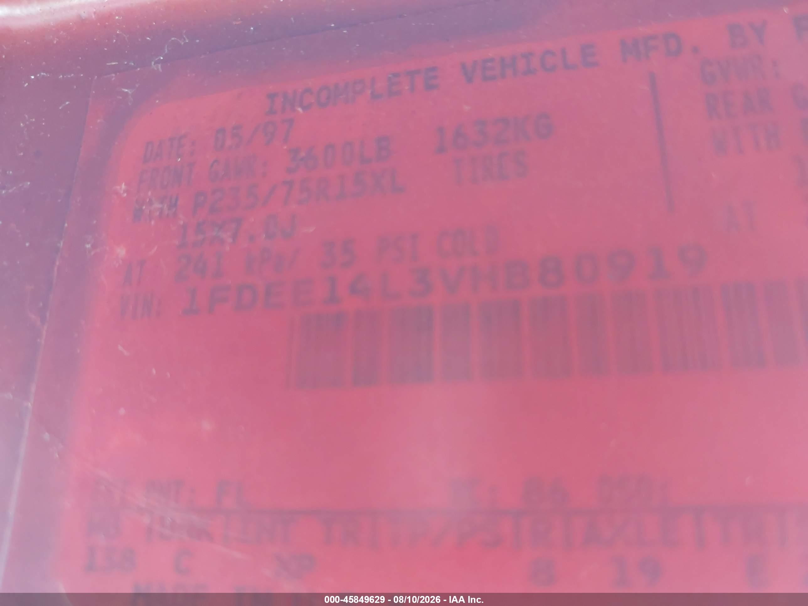 1997 Ford Econoline Standard Red vin: 1FDEE14L3VHB80919