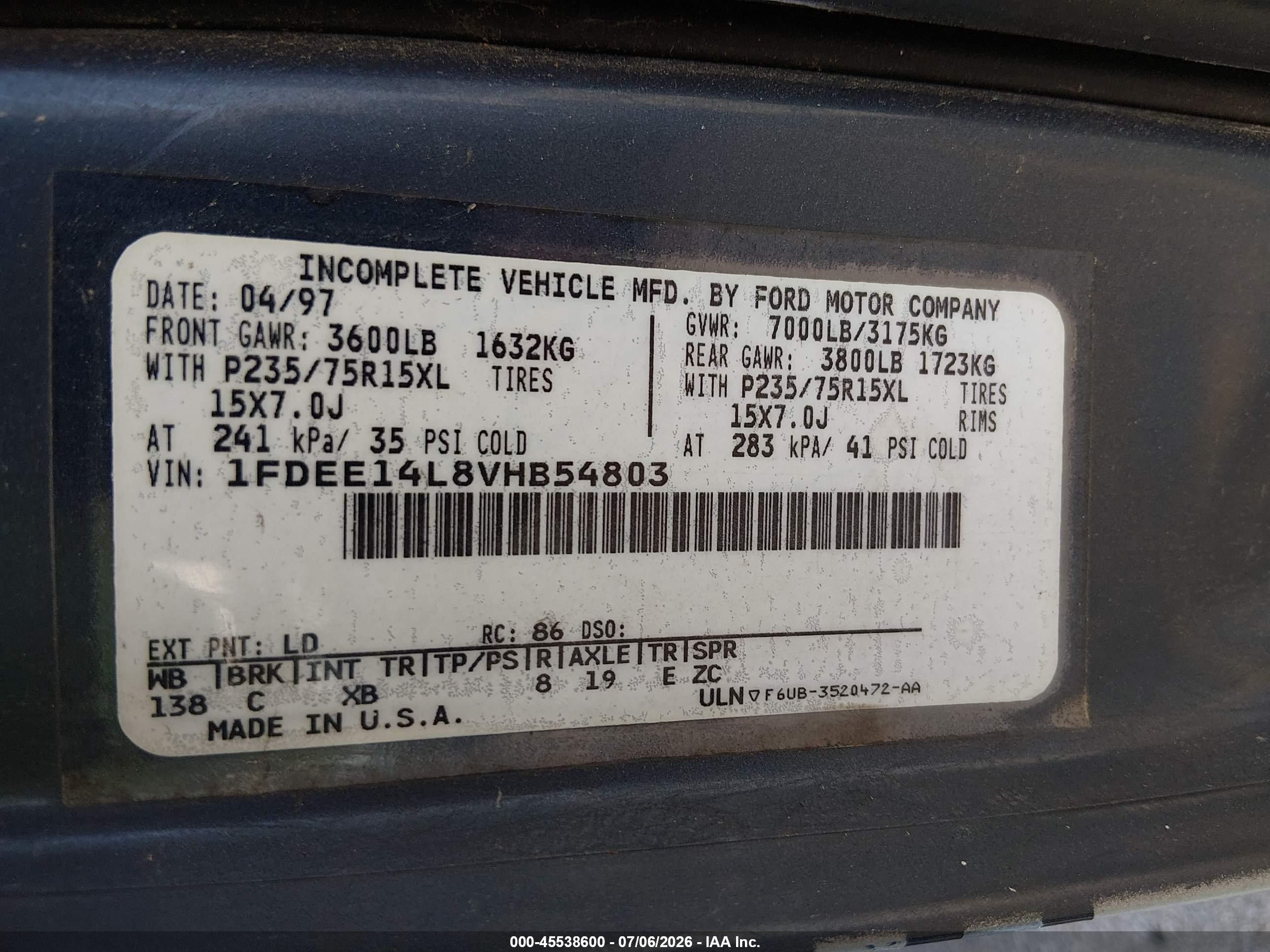 1997 Ford Econoline Standard Blue vin: 1FDEE14L8VHB54803