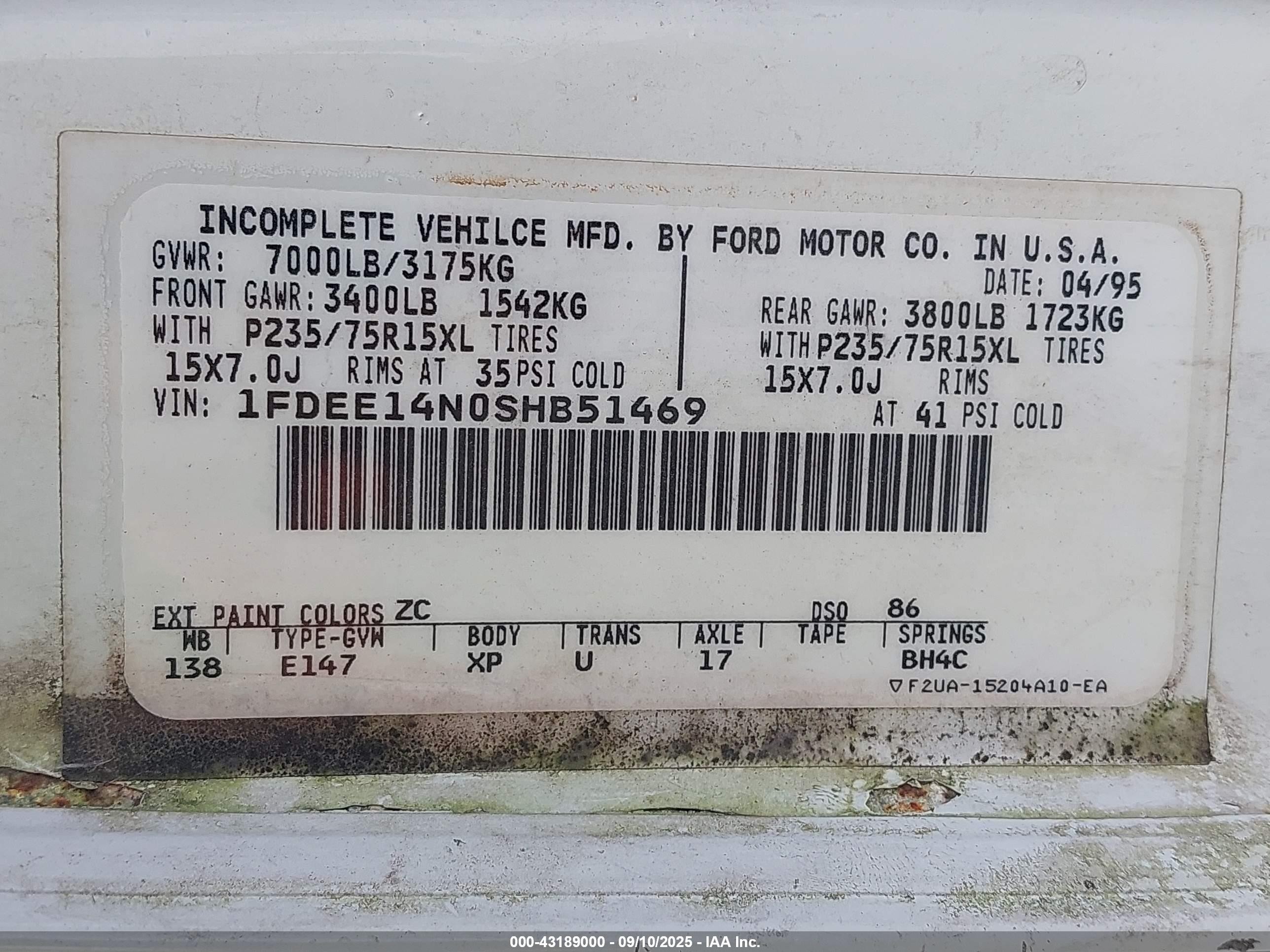 1995 Ford Econoline E150 Van White vin: 1FDEE14N0SHB51469