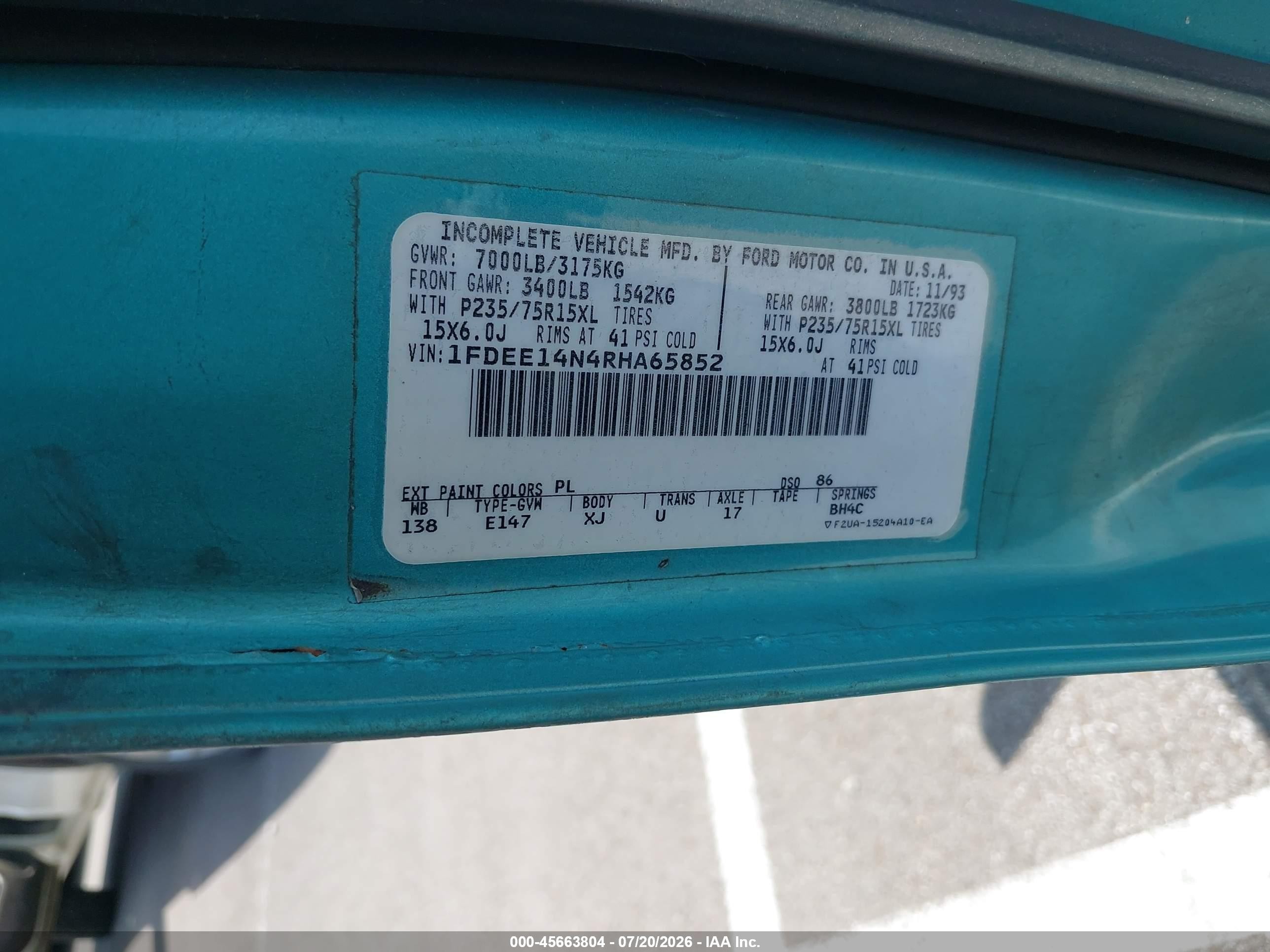 1994 Ford Econoline E150 Van Green vin: 1FDEE14N4RHA65852