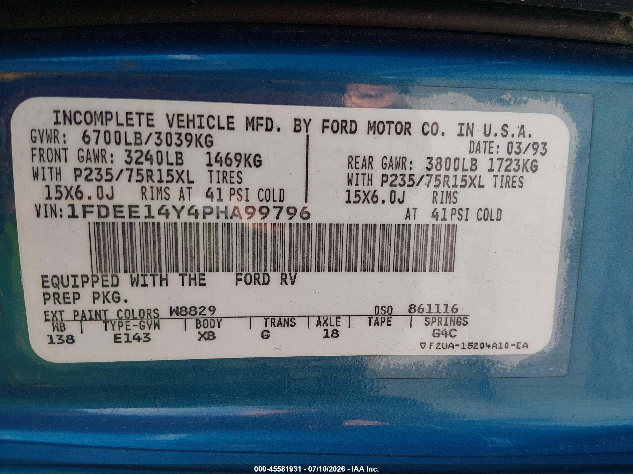 1993 Ford Econoline E150 Van Blue vin: 1FDEE14Y4PHA99796