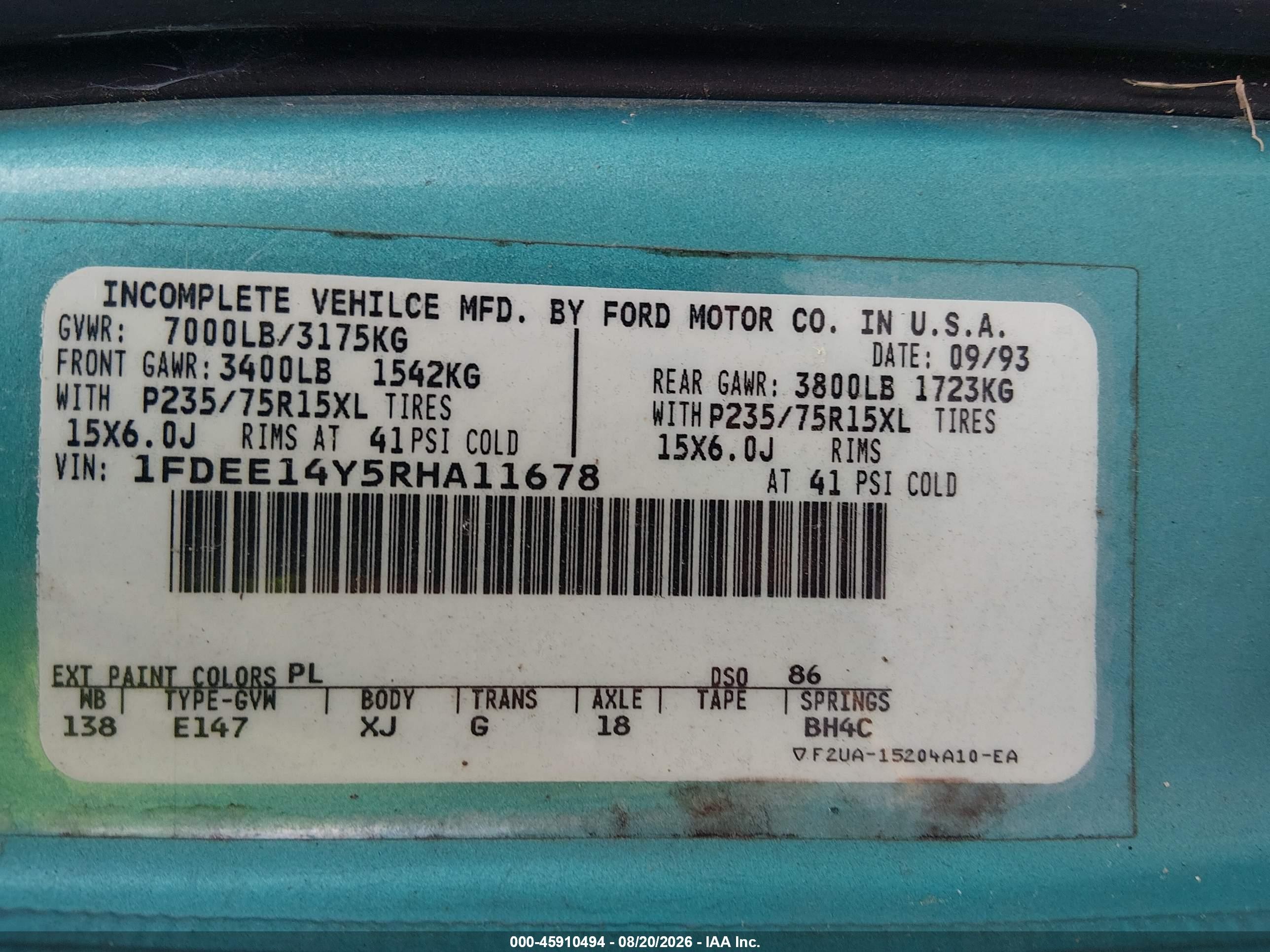1994 Ford Econoline E150 Van Turquoise vin: 1FDEE14Y5RHA11678