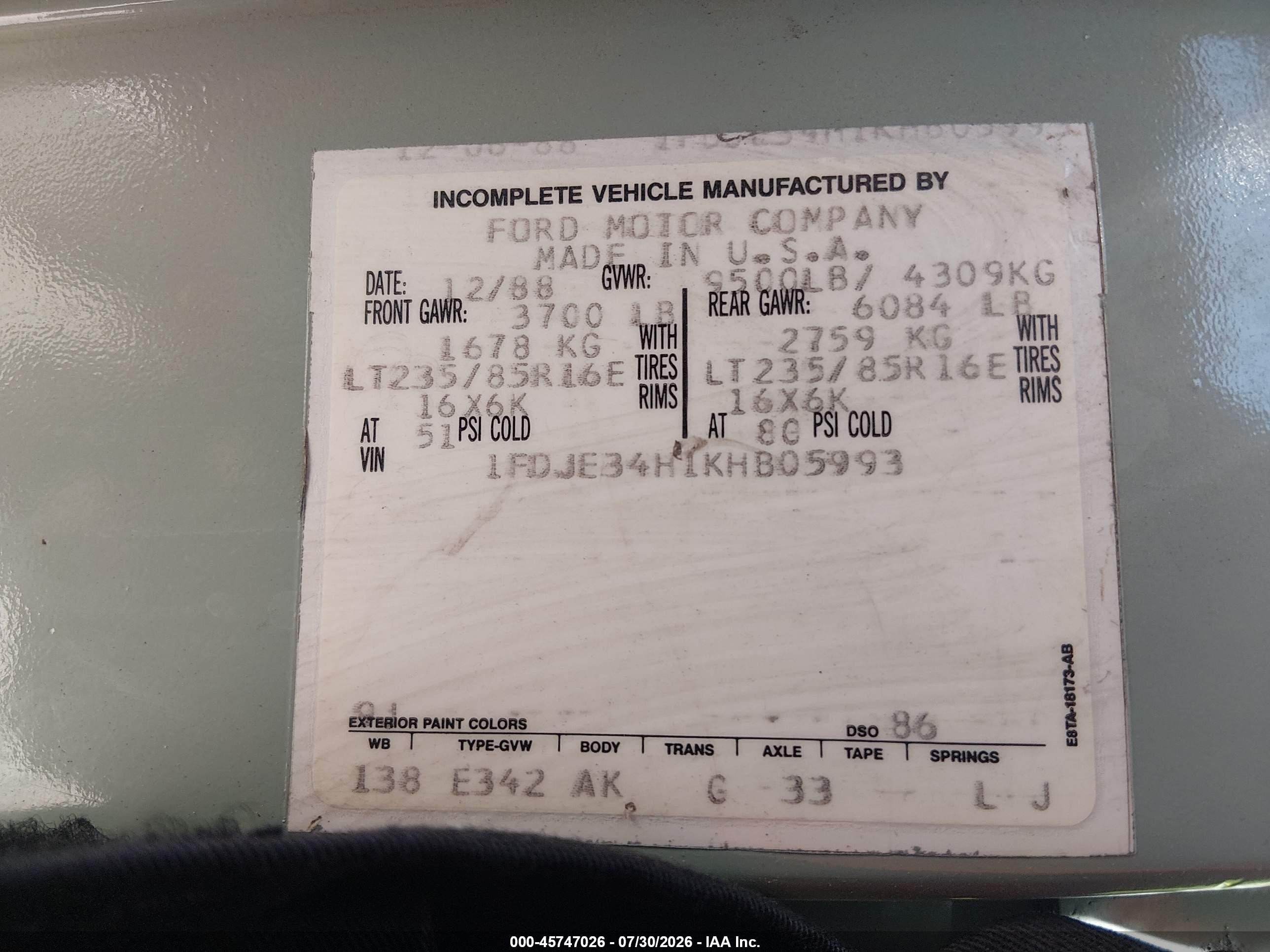 1989 Ford Econoline E350 Van Green vin: 1FDJE34H1KHB05993