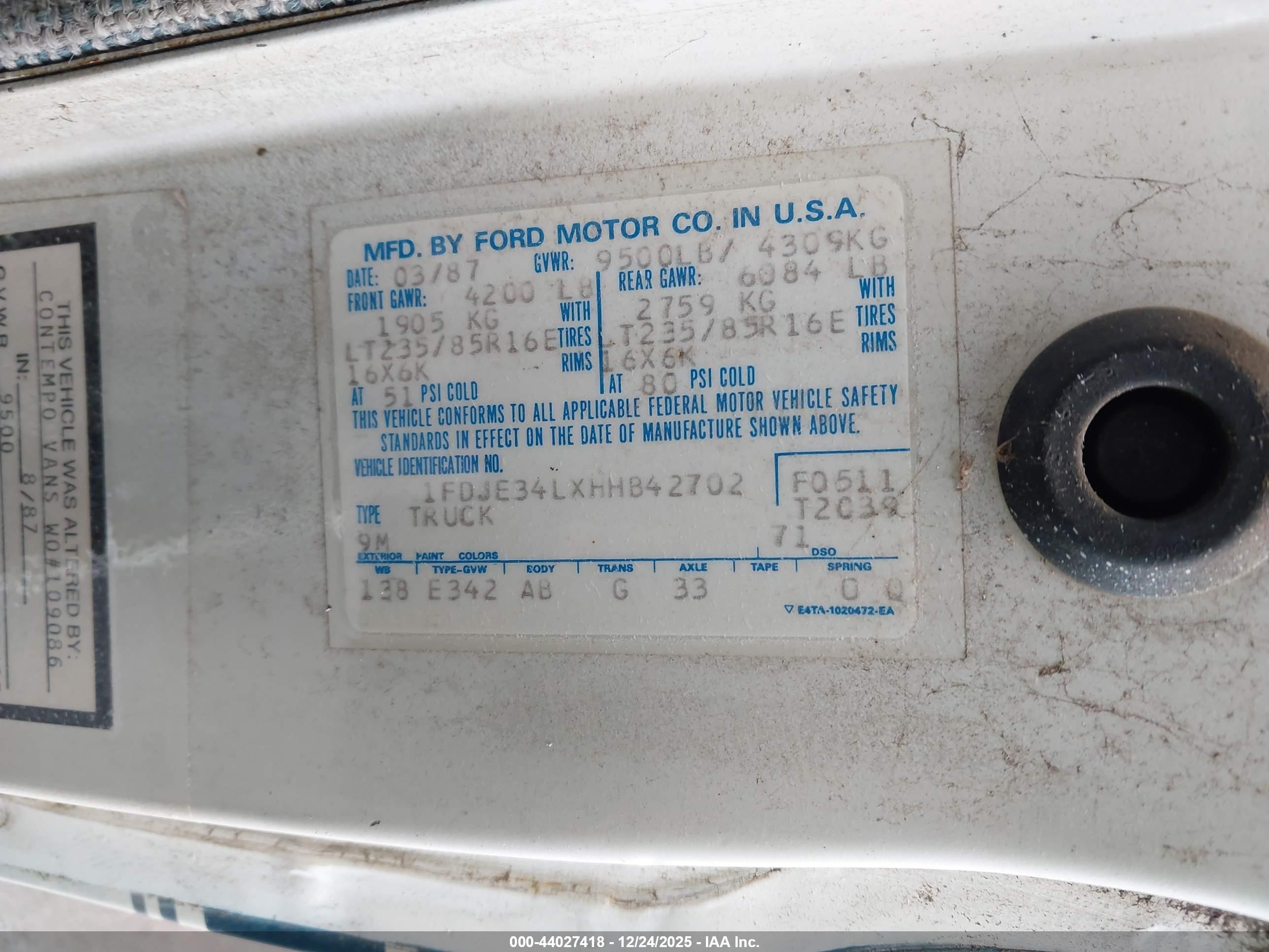 1987 Ford Econoline E350 Van White vin: 1FDJE34LXHHB42702