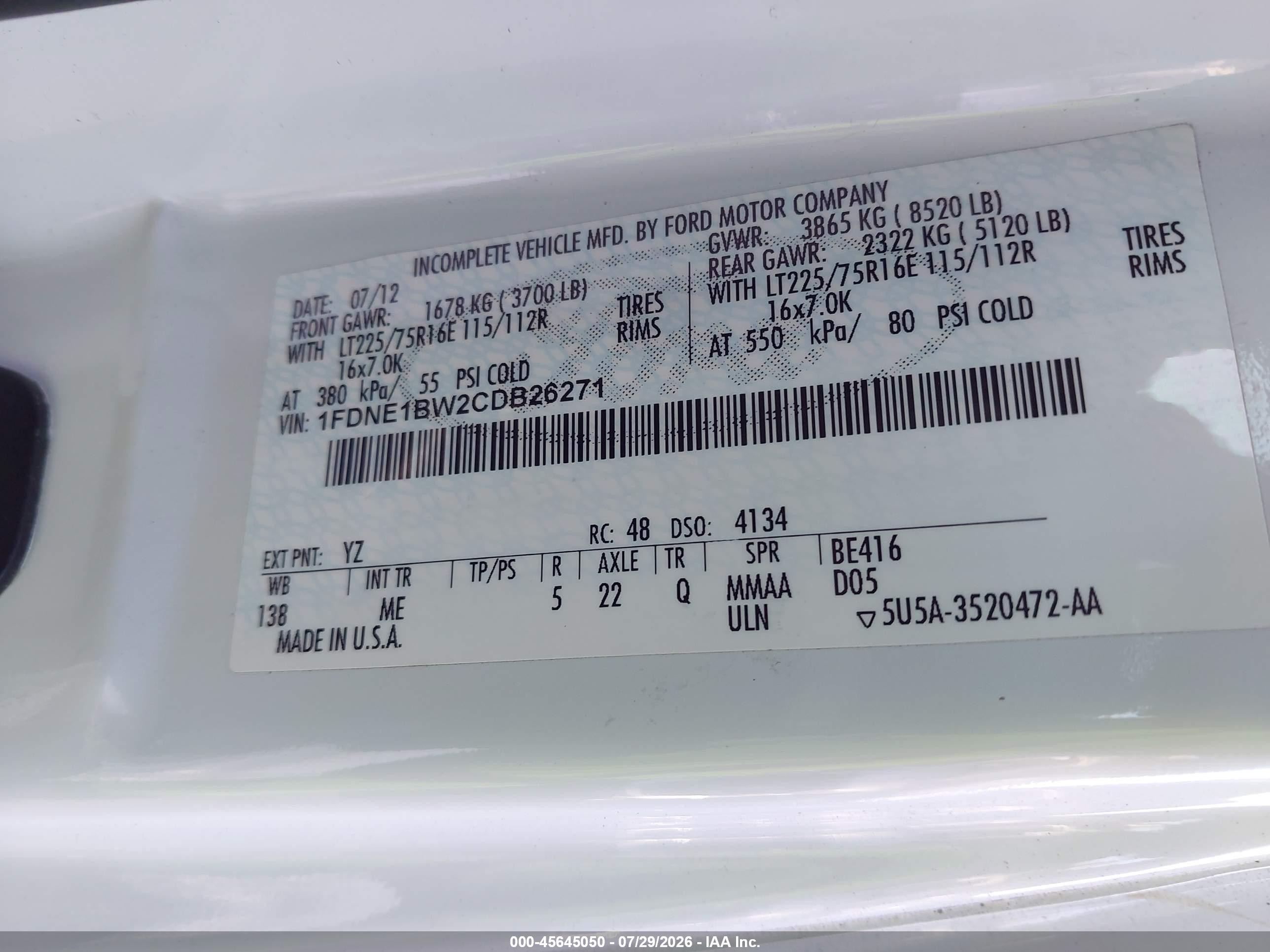 2012 Ford E-150 Xl/xlt White vin: 1FDNE1BW2CDB26271