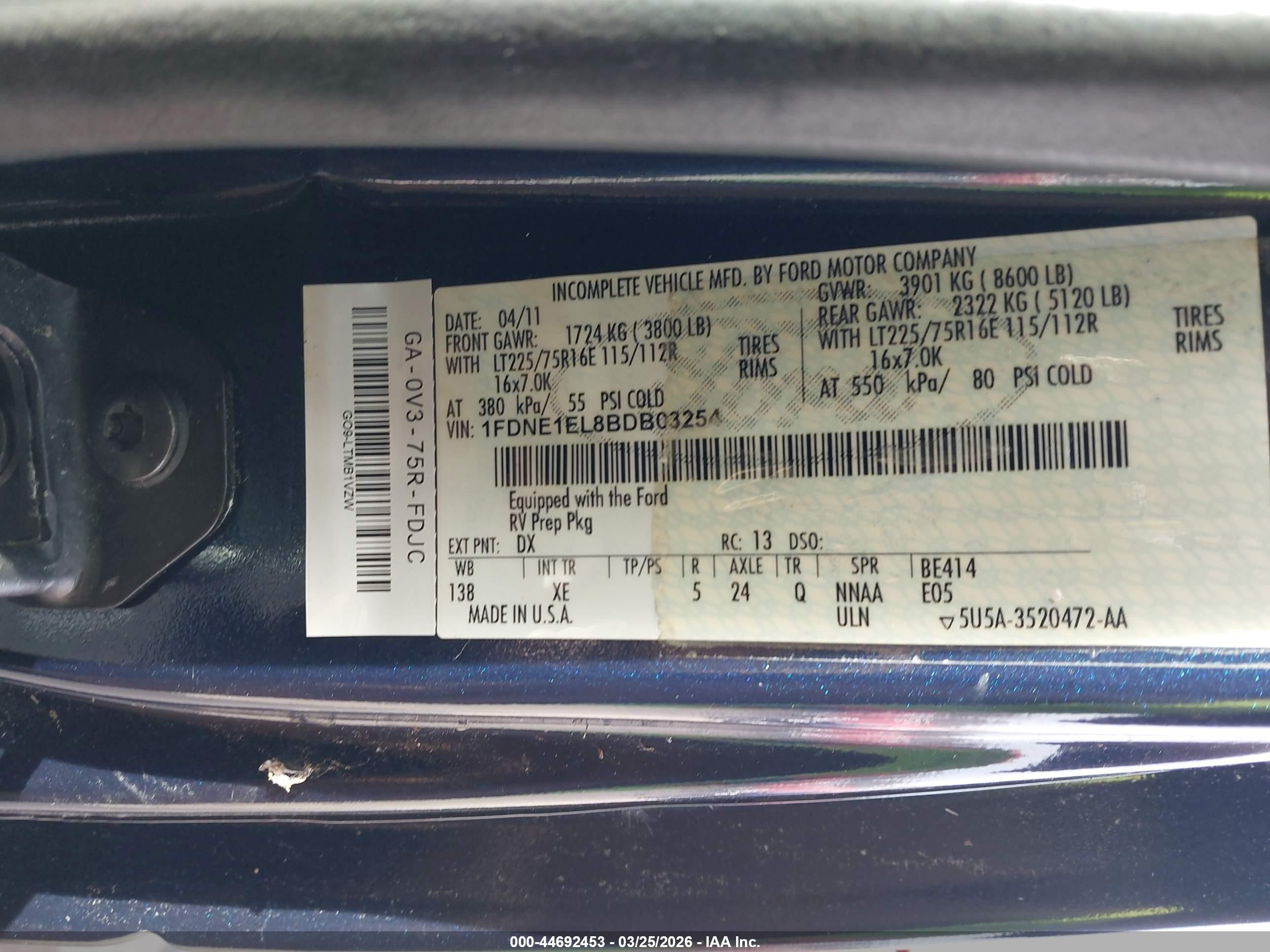 2011 Ford E-150 Recreational Blue vin: 1FDNE1EL8BDB03254