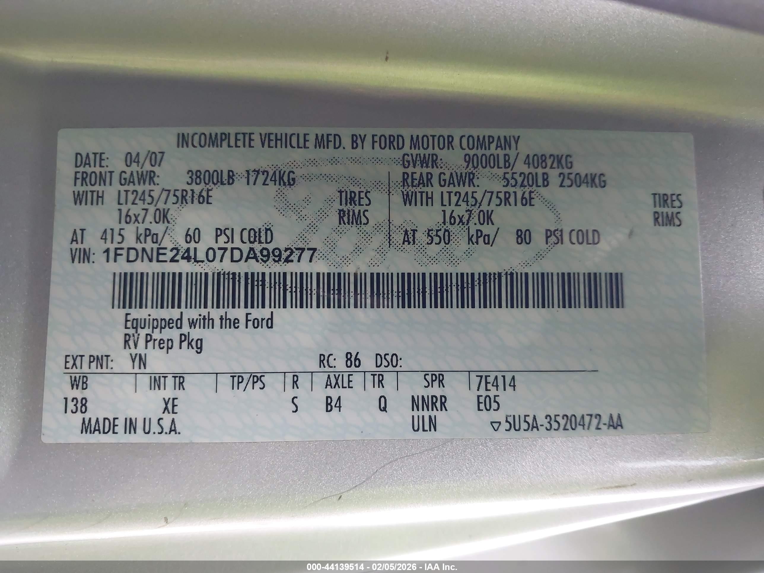 2007 Ford E-250 Recreational Silver vin: 1FDNE24L07DA99277