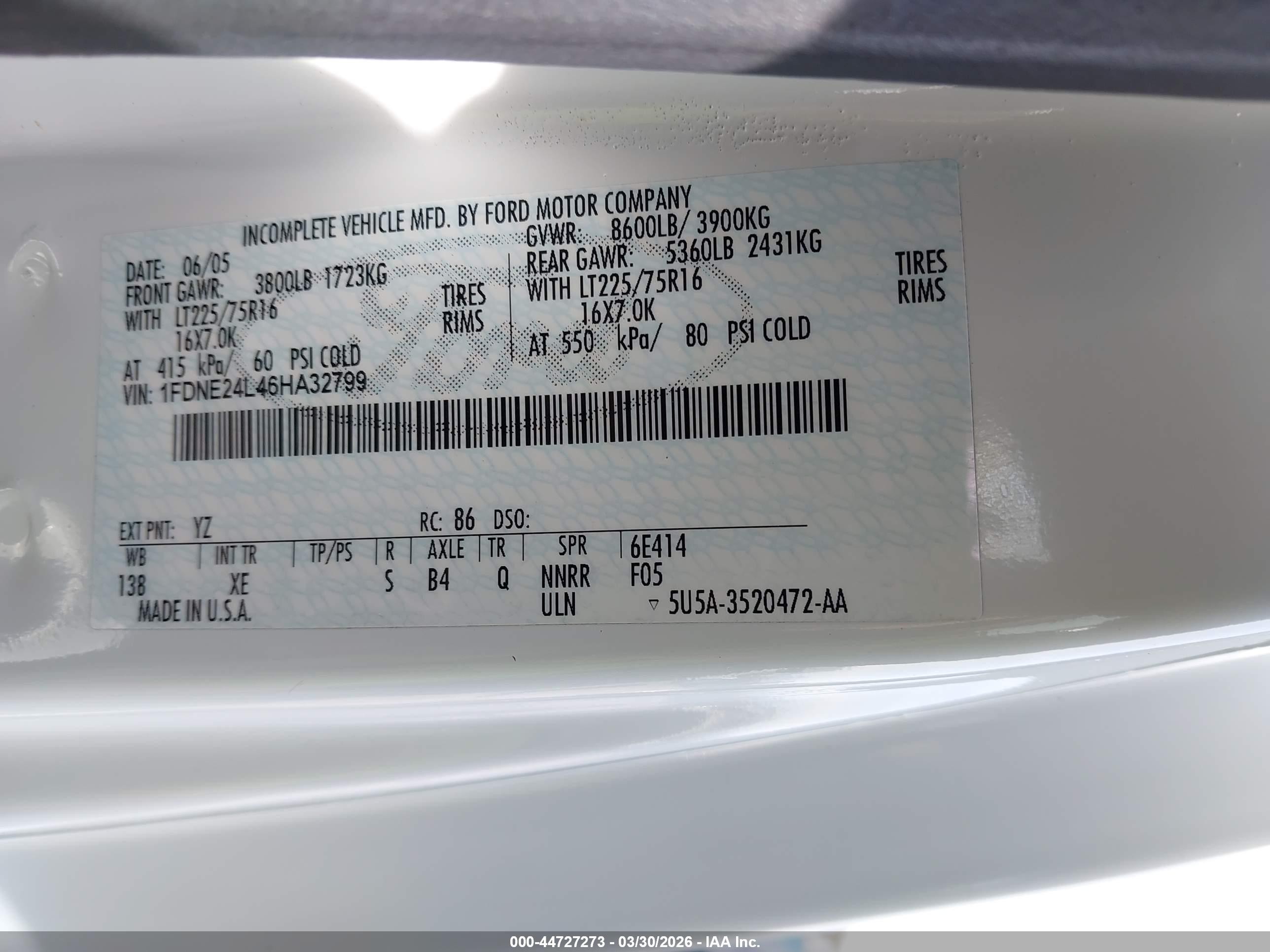 2006 Ford E-250 Commercial/recreational White vin: 1FDNE24L46HA32799
