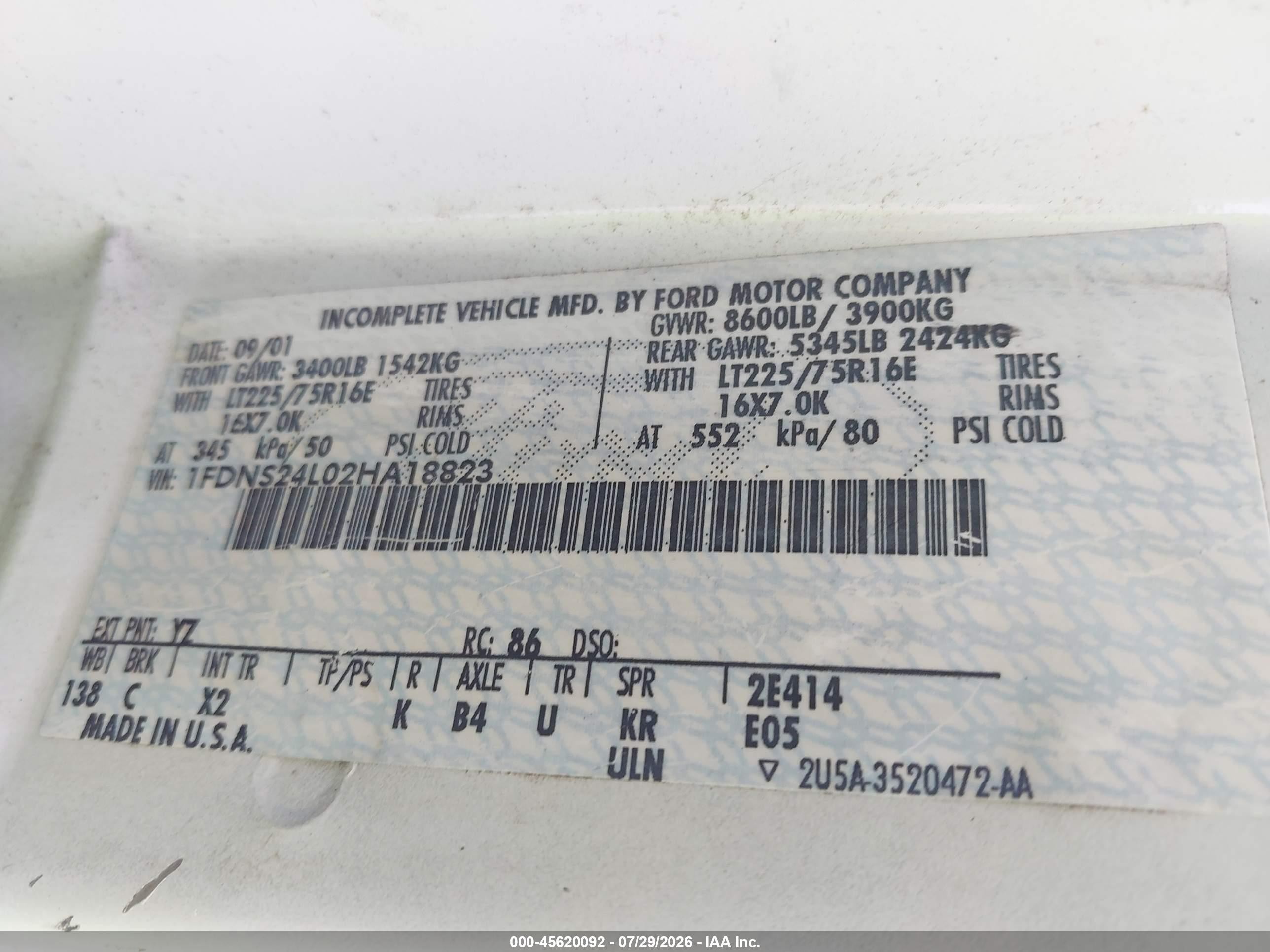 2002 Ford E-250 Commercial/recreational White vin: 1FDNS24L02HA18823