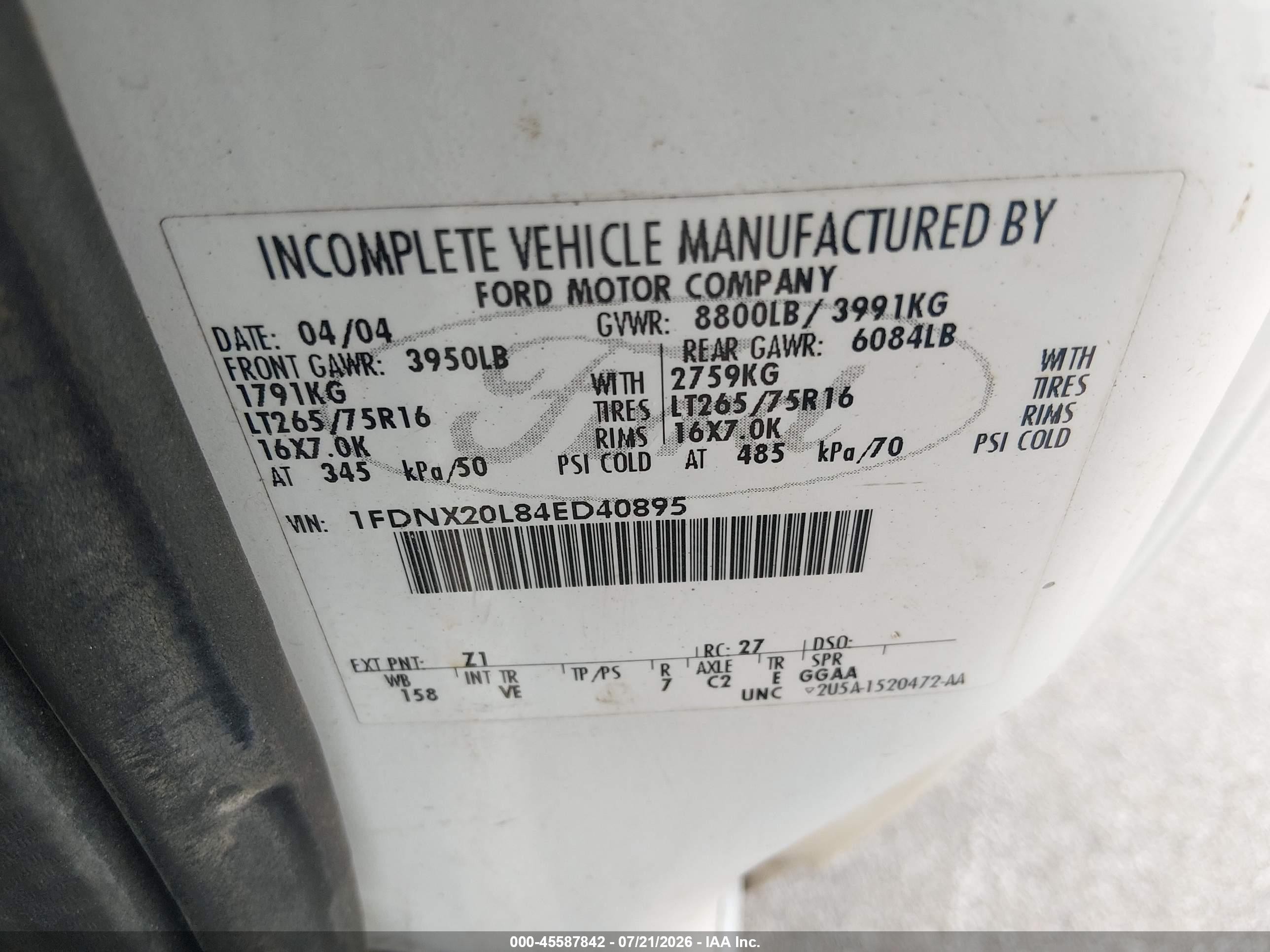 2004 Ford F-250 Lariat/xl/xlt White vin: 1FDNX20L84ED40895