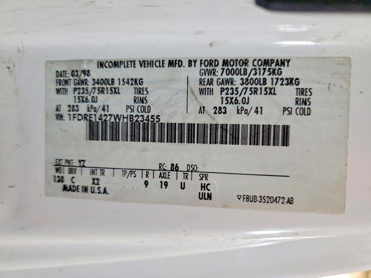 1998 Ford Econoline E150 Van White vin: 1FDRE1427WHB23455