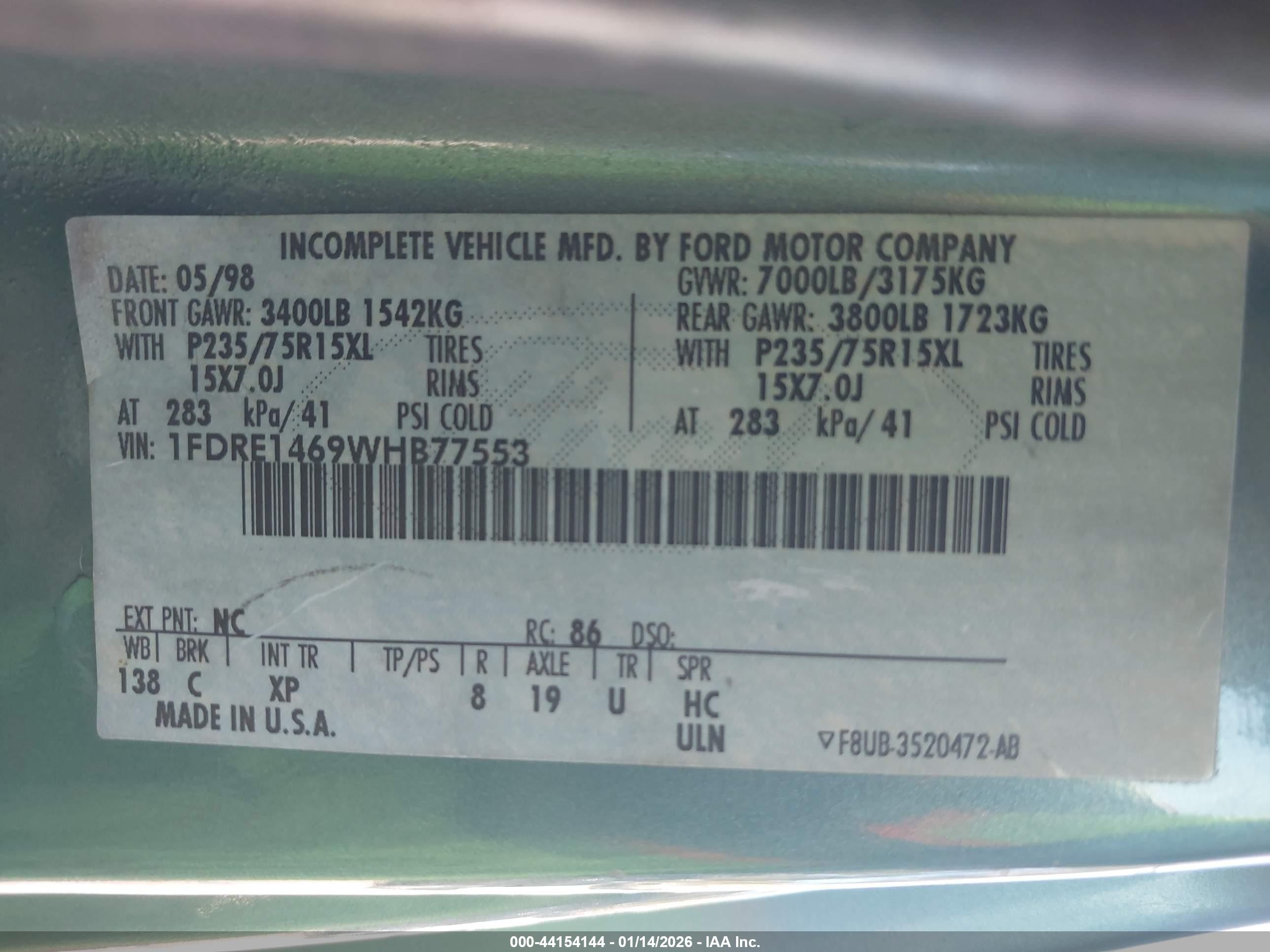 1998 Ford E-150 Recreational Green vin: 1FDRE1469WHB77553