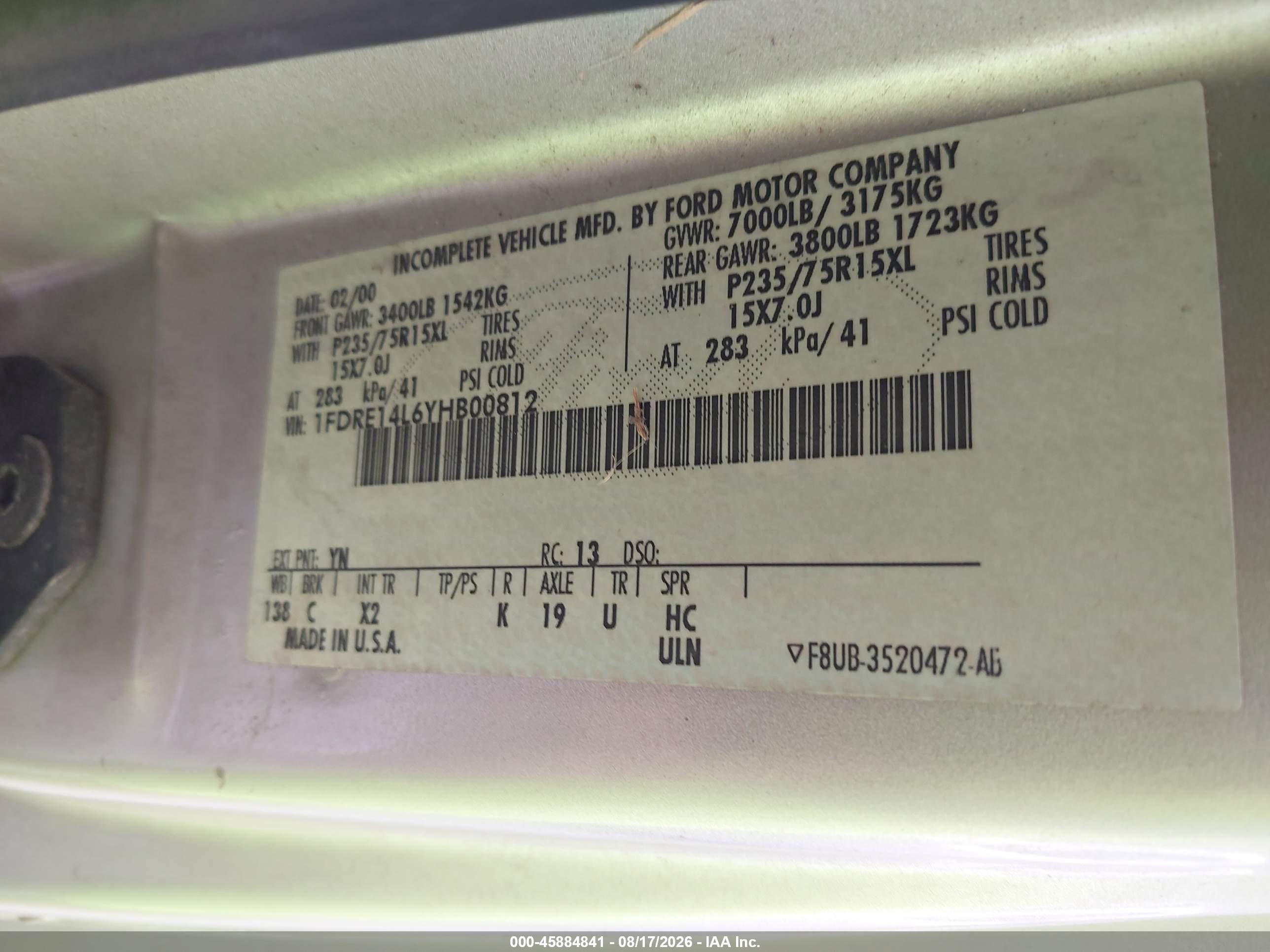 2000 Ford E-150 Recreational Silver vin: 1FDRE14L6YHB00812