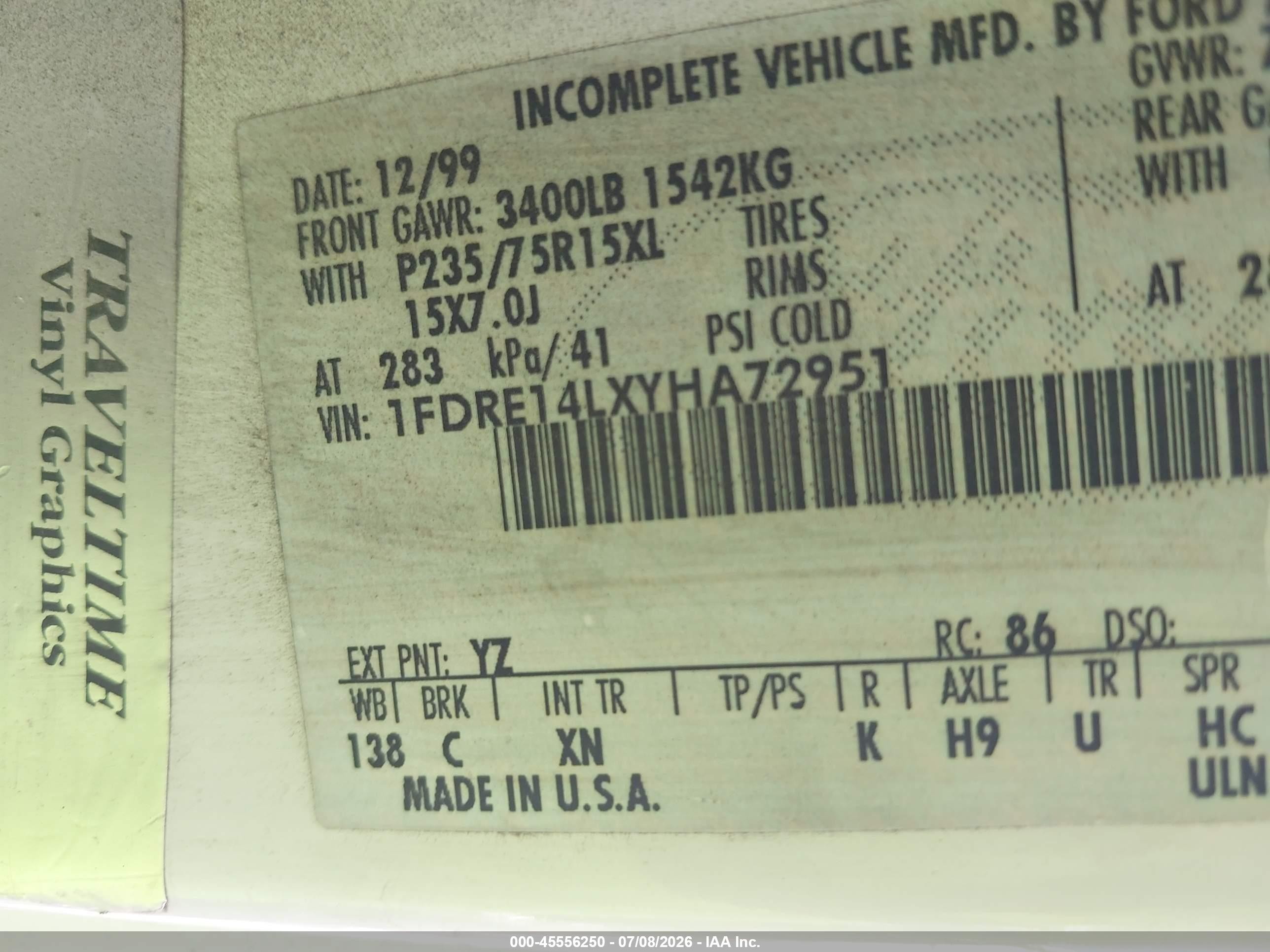 2000 Ford E-150 Recreational White vin: 1FDRE14LXYHA72951