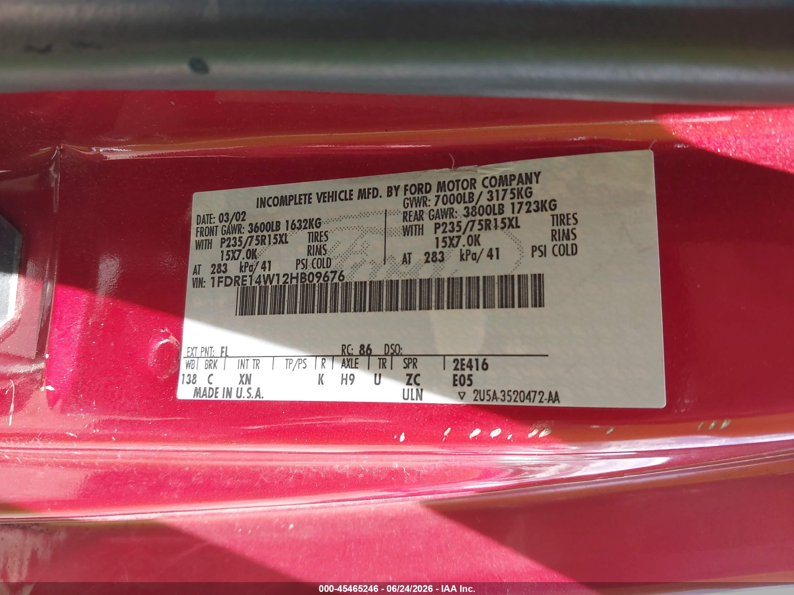2002 Ford E-150 Commercial/recreational Red vin: 1FDRE14W12HB09676