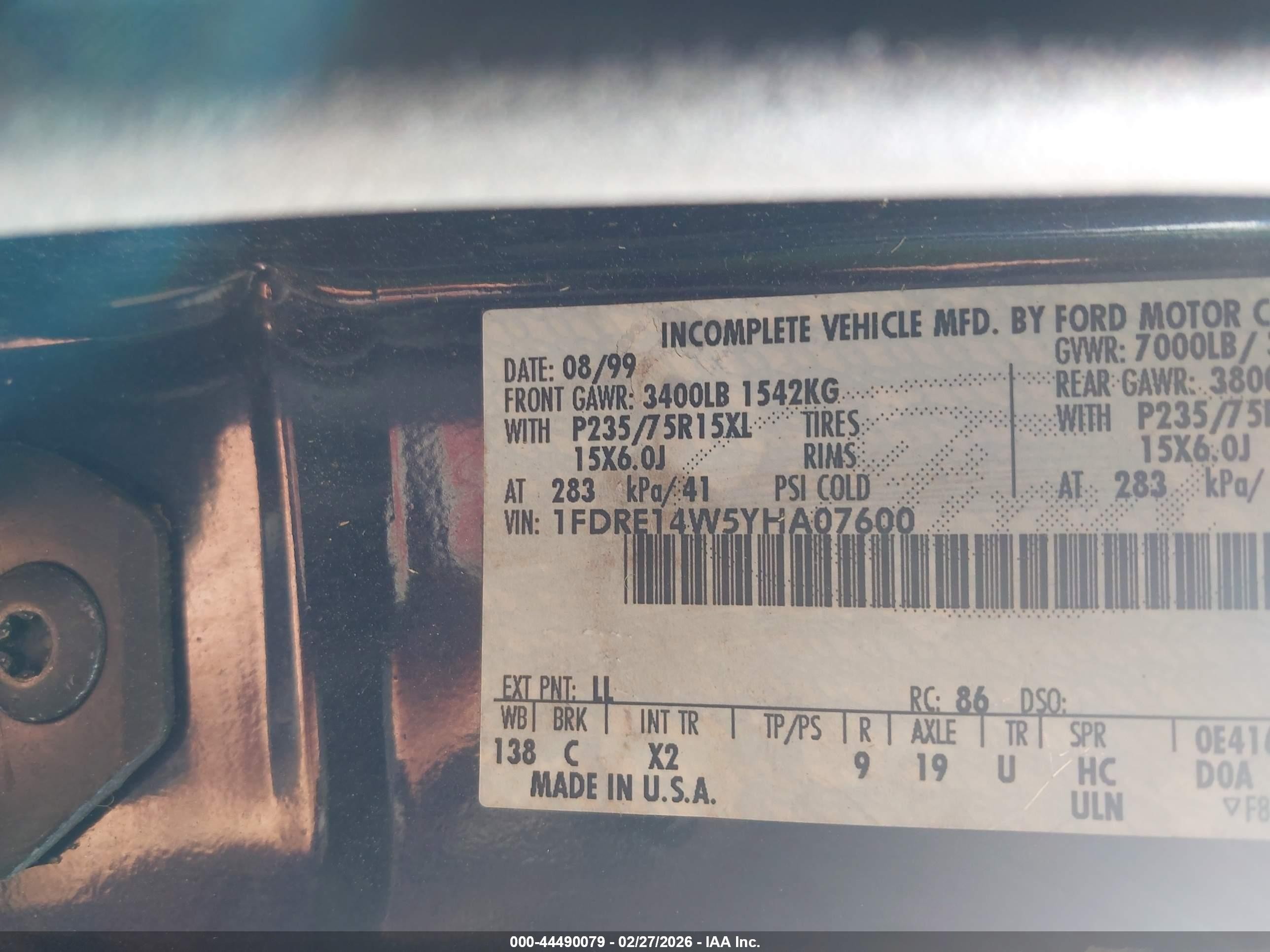 2000 Ford E-150 Recreational Blue vin: 1FDRE14W5YHA07600
