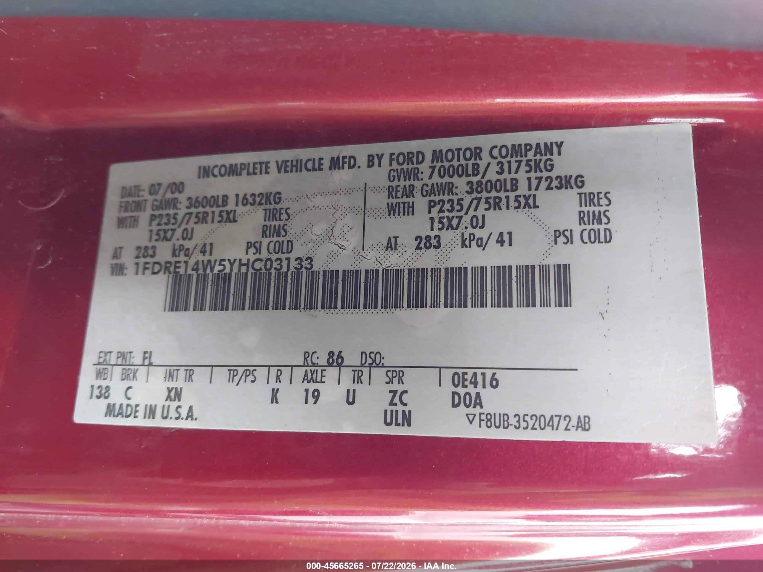 2000 Ford E-150 Recreational Red vin: 1FDRE14W5YHC03133